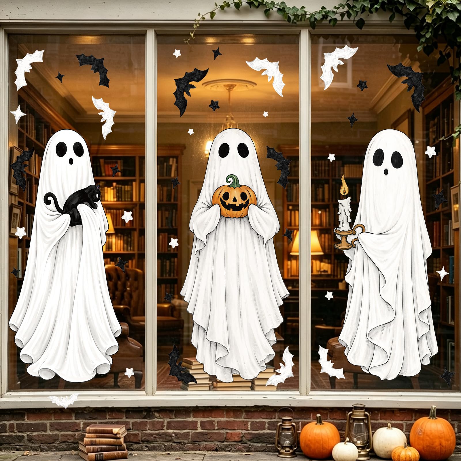 LOKIPA Large Halloween Ghost Window Sticker, 90 x 42.5 cm Static Cling Decal with Ghosts Pumpkins and Bats for Halloween Party Home Window and Door Decoration