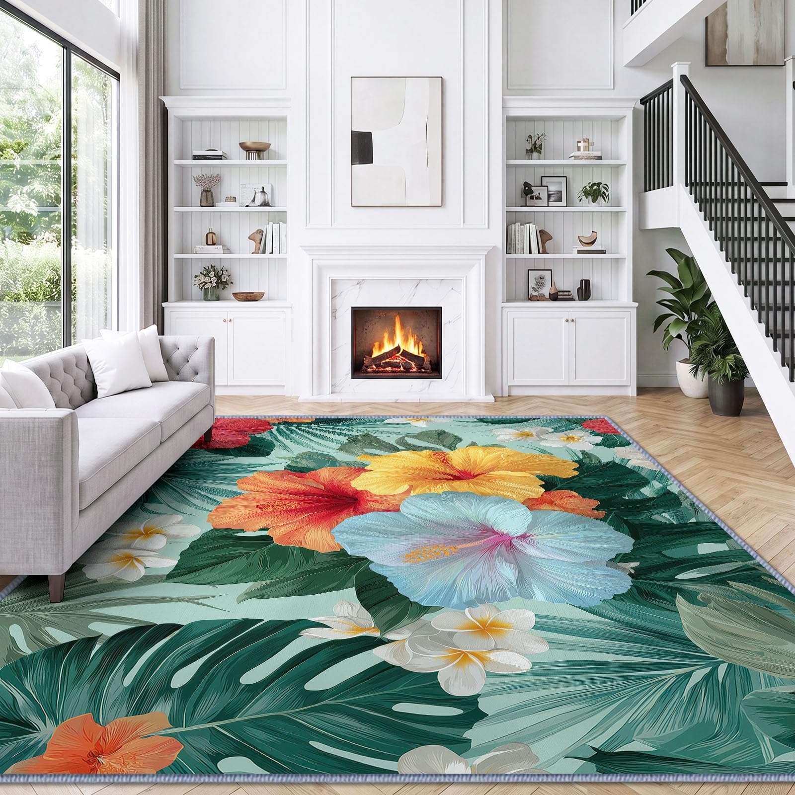 Tapis en Flanelle Douce 160 x 230 cm Feuilles Tropicales D'Hibiscus Palmier Tapis de Salon, Antidérapant et Lavable en Machine – Idéal Chambre – Poils Courts Facile à Nettoyer, Regardez Le Vert