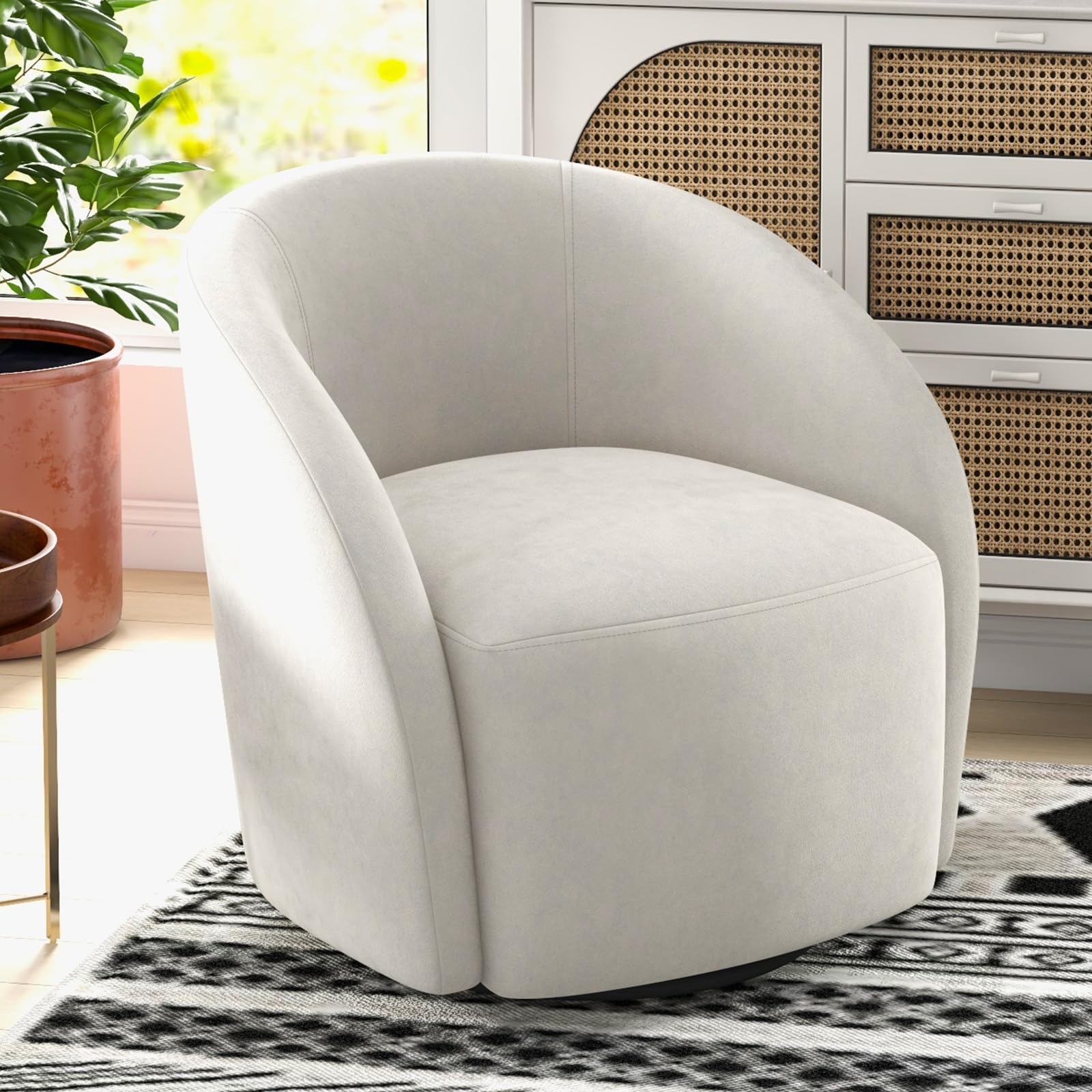 INZOY Swivel Barrel Chair Velvet Mordern Accent Chair, Swivel Round Chair Comfy Sherpa Swivel Chair, Swivel Barrel Reading Chair for Living Room Bedroom Small Spaces,No Need to Assemble, Beige