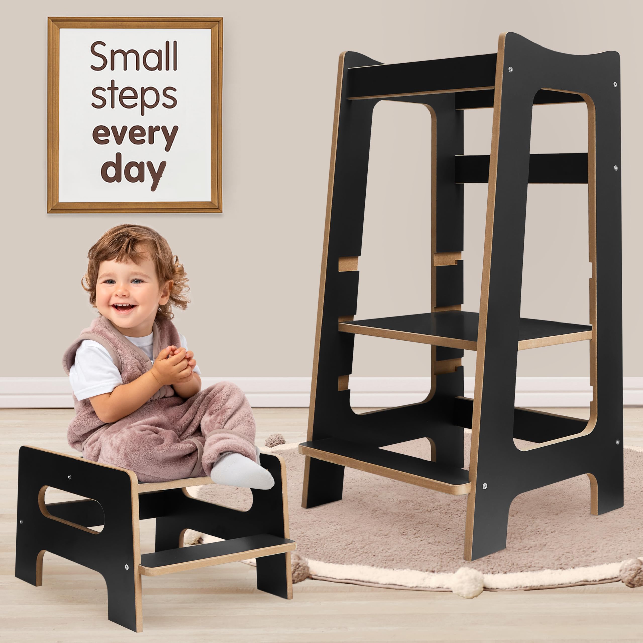 Love For Sleep Anthracite/Pine 2-In-1 Montessori Learning Tower Bundle With Step Stool – Kitchen Step Stool, Adjustable Helper Platform With 3 Heights, Safe For Sink Or Toilet Use, Toddlers 2–6 Years ()