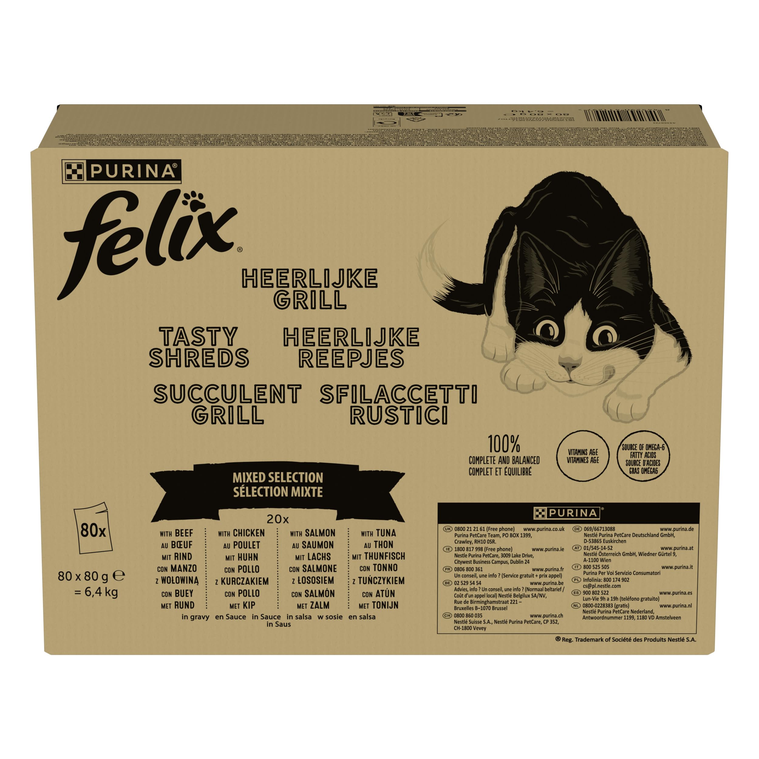 Felix Purina Sfilaccetti Rustici Cibo Umido per Gatti con Manzo, Pollo, Salmone, Tonno, 80 buste da 80g