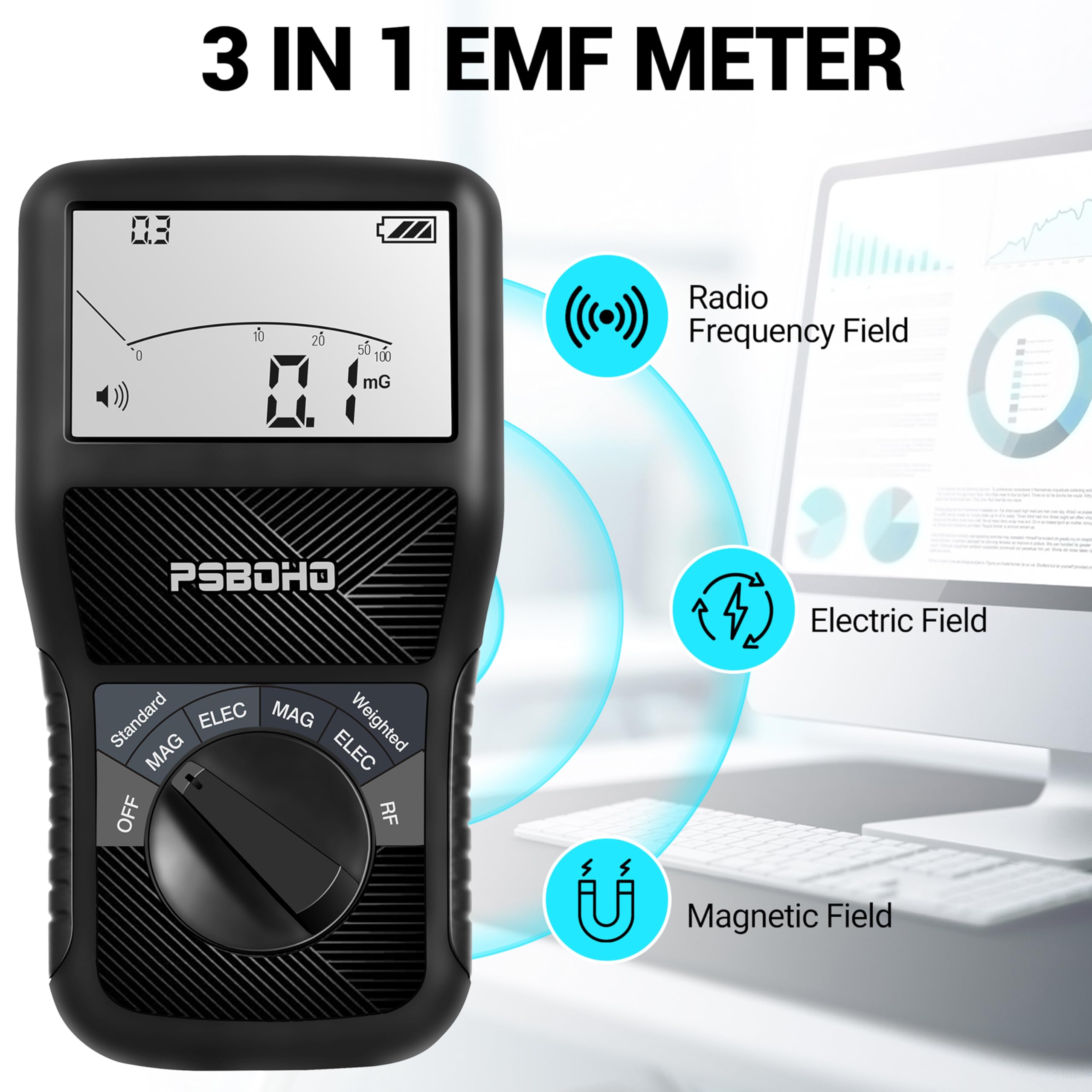 Probador EMF 3 en 1 para campo eléctrico (EF), campo magnético (MF), detección de radiofrecuencia (RF), probador de radiación EMF para el hogar, oficina, exterior, caza de fantasmas