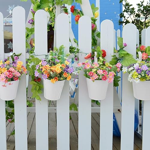 Miniatura 7 de Tessco 8 macetas de balcón, barandillas colgantes de metal y hierro, macetas ovaladas blancas, soporte redondo con ganchos desmontables para