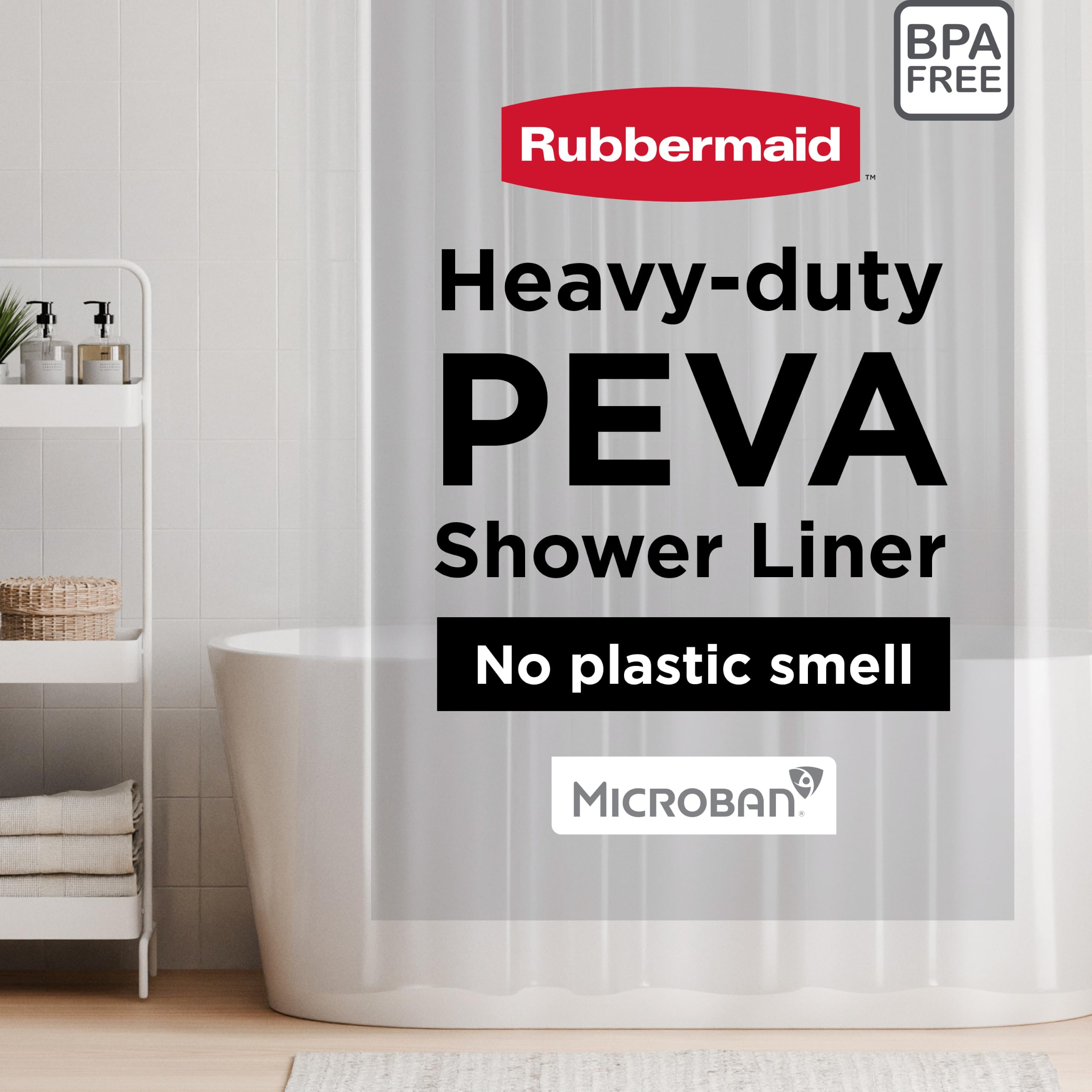 Rubbermaid Clear Shower Curtain Liner, Waterproof Heavyweight 8g PEVA Shower Liner for Bathroom, with Weighted Magnets &amp; Rustproof Charcoal Gray Grommets, Standard Size,Clear, 70"W x 72"L (Pack of 6)