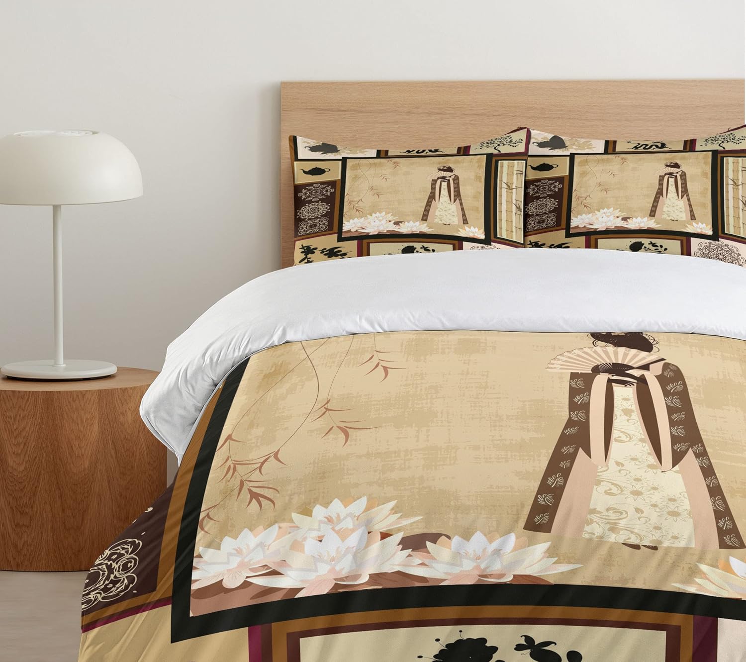 Ambesonne Japanese Duvet Cover Set, Girl in Traditional Dress and Cultural Patterns Ornaments Antique Eastern Collage, Decorative 3 Piece Bedding Set with 2 Pillow Shams, King Size, Brown Cream