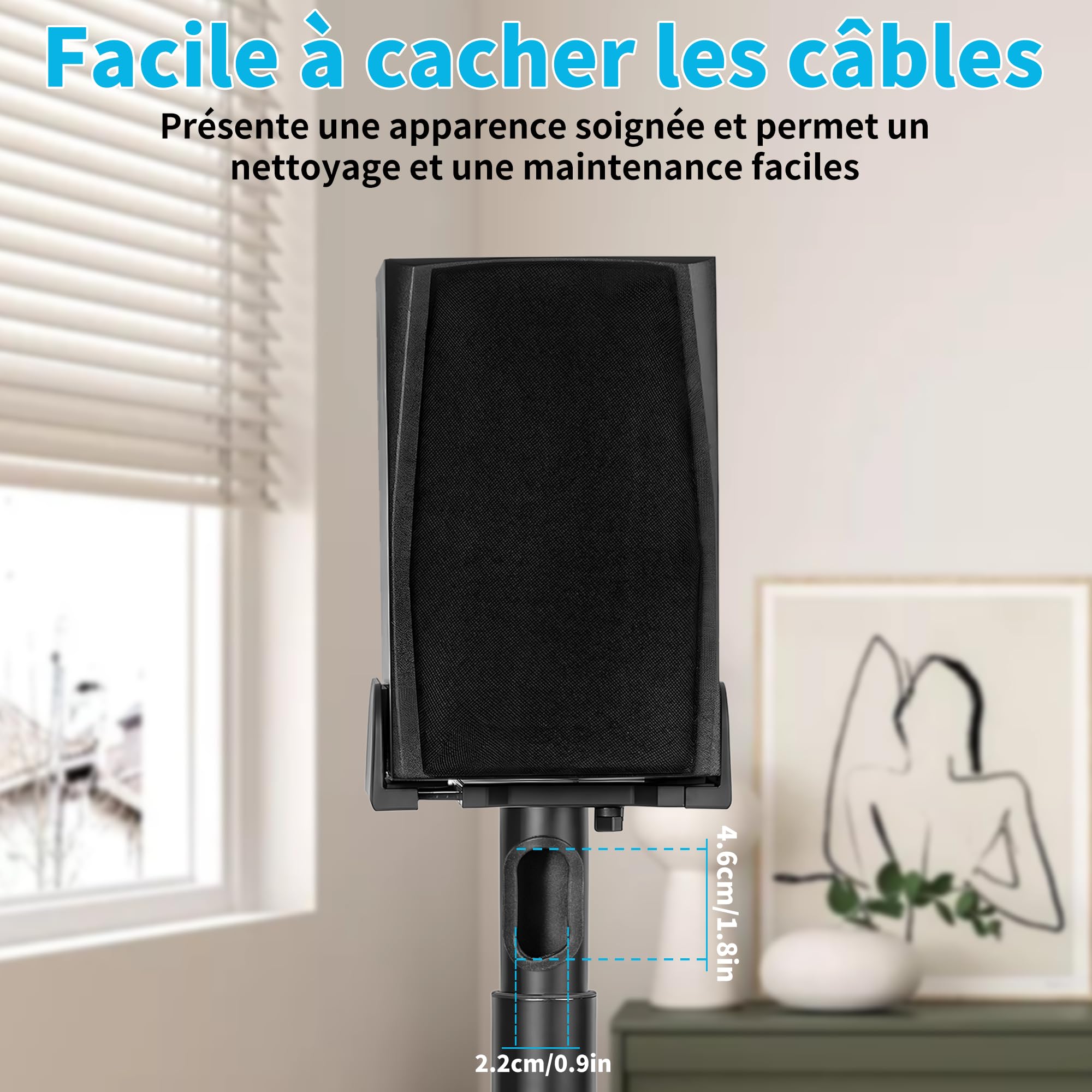 OUUTMEE Lot de 2 Supports d'Enceinte Réglable en Hauteur, Pieds d'Enceinte de Sol avec Gestion des Câbles Jusqu'à 5KG, Supports de Haut-parleurs pour Enceintes Satellites (Noir)