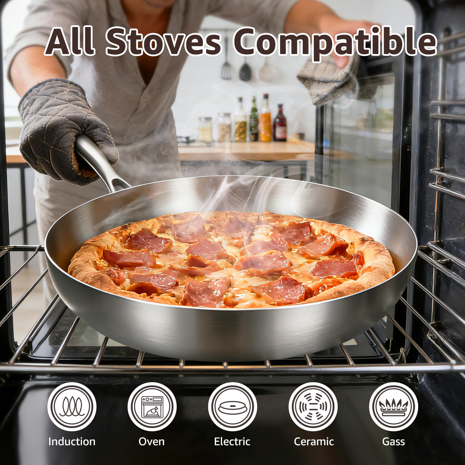 Inqibee Set di padelle a tre strati in acciaio inox da 22-26-30 cm, con coperchio, 3 pezzi, padelle, pentole e padelle, pentole a induzione, adatte al forno, manico staccabile