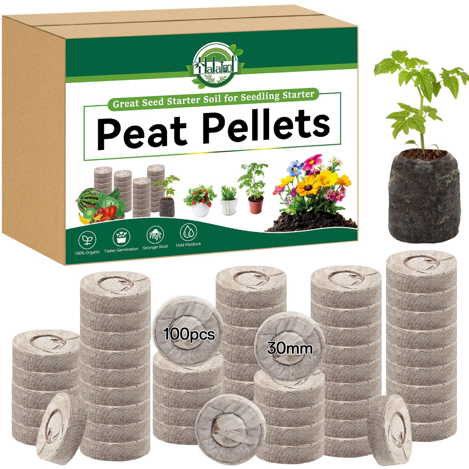 Halatool 100 Pcs 30mm Peat Pellets for Seedlings, Seed Starter Soil