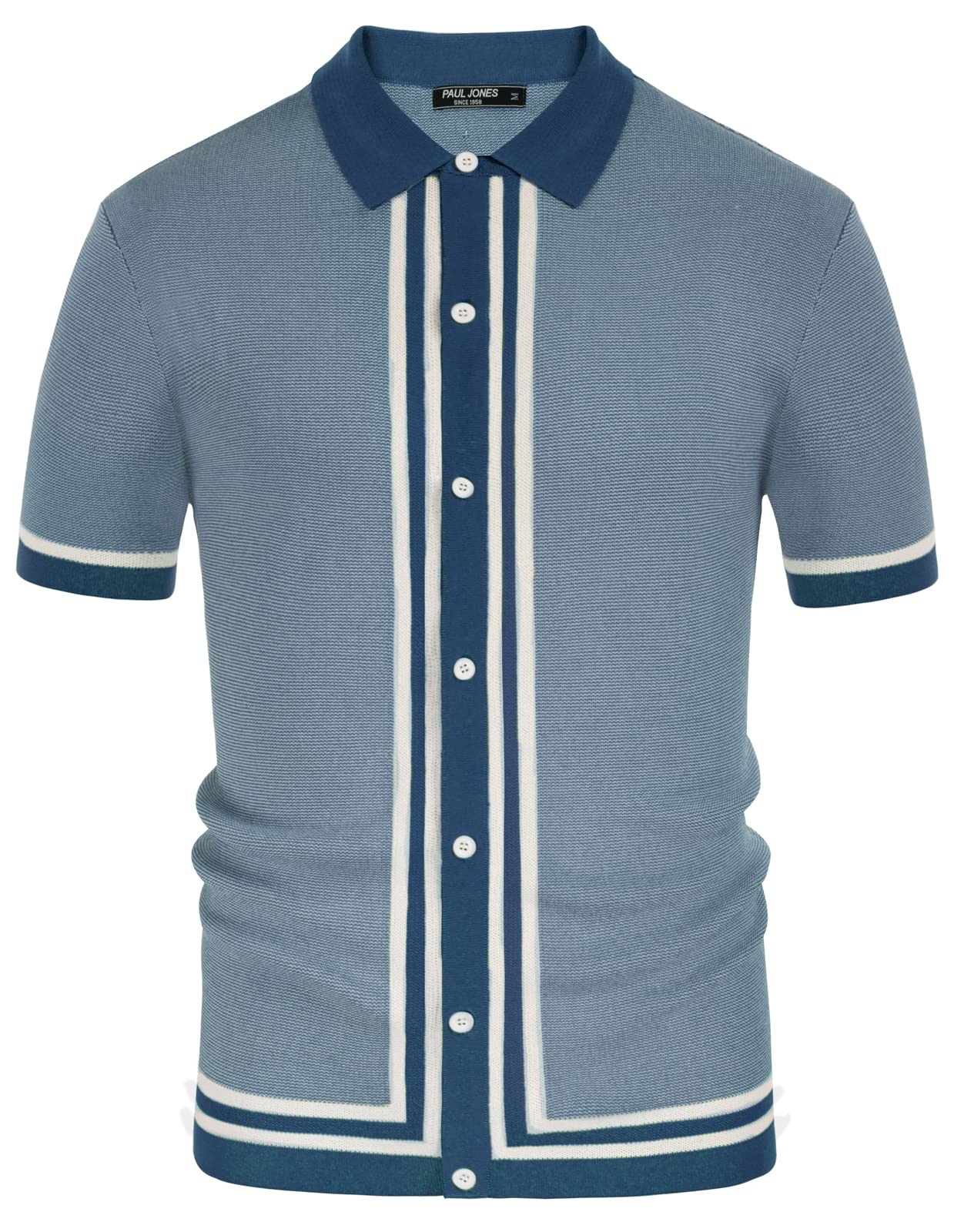 PJ PAUL JONES Men's Vintage Stripe Knit Polo Shirts Short Sleeve Stylish Button Down Cardigan Sweater