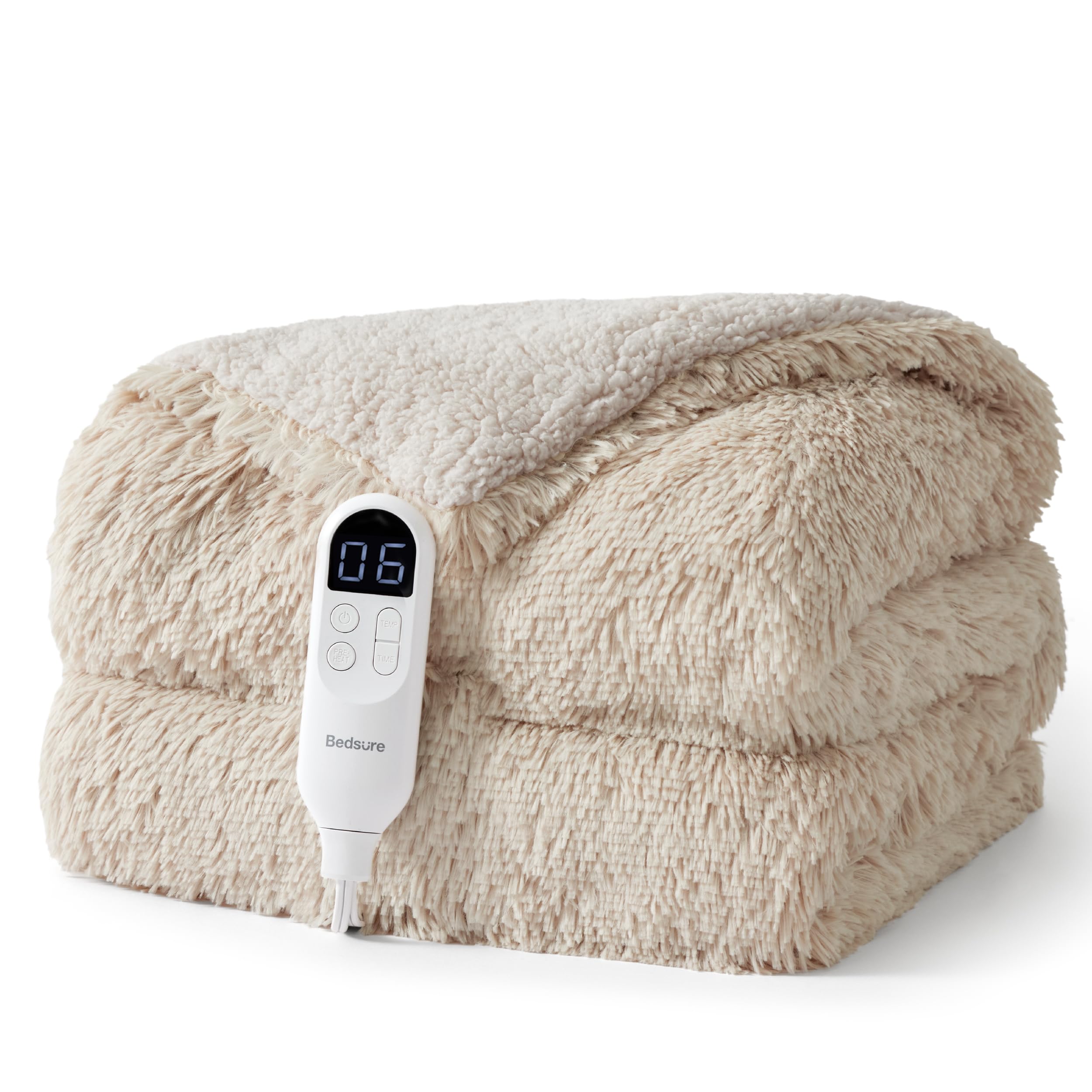 Bedsure Faux Fur Heated Blanket Throw, Long-Pile Electric Blanket, Beige