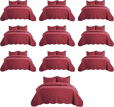 IR Imperial Rooms Queen Quilt Bedding Set (90" x 96") - Bulk Pack of 10 Wholesale for Hotels, Guest Bedroom & Airbnbs - Lightweight Microfiber Reversible Embossed Quilts Bedspreads (Burgundy)