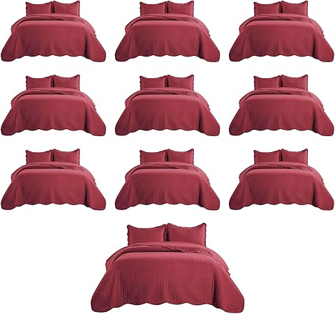 IR Imperial Rooms Queen Quilt Bedding Set (90" x 96") - Bulk Pack of 10 Wholesale for Hotels, Guest Bedroom & Airbnbs - Lightweight Microfiber Reversible Embossed Quilts Bedspreads (Burgundy)