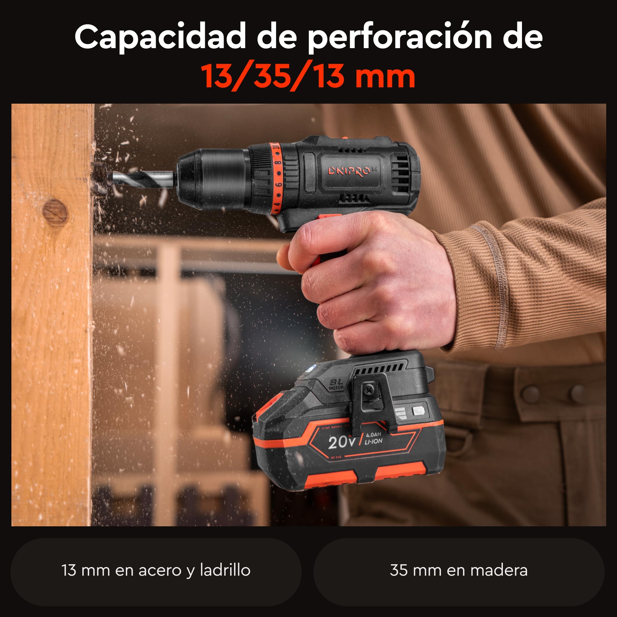 Taladro Atornillador Batería CD-201HBC Compact - Motor Brushless 20V 45Nm con Percutor - Sin Escobillas, 2 Velocidades, 20+3 Posiciones de Par, Portabrocas Metálico 13mm - Solo 0.9 kg | por Dnipro-M