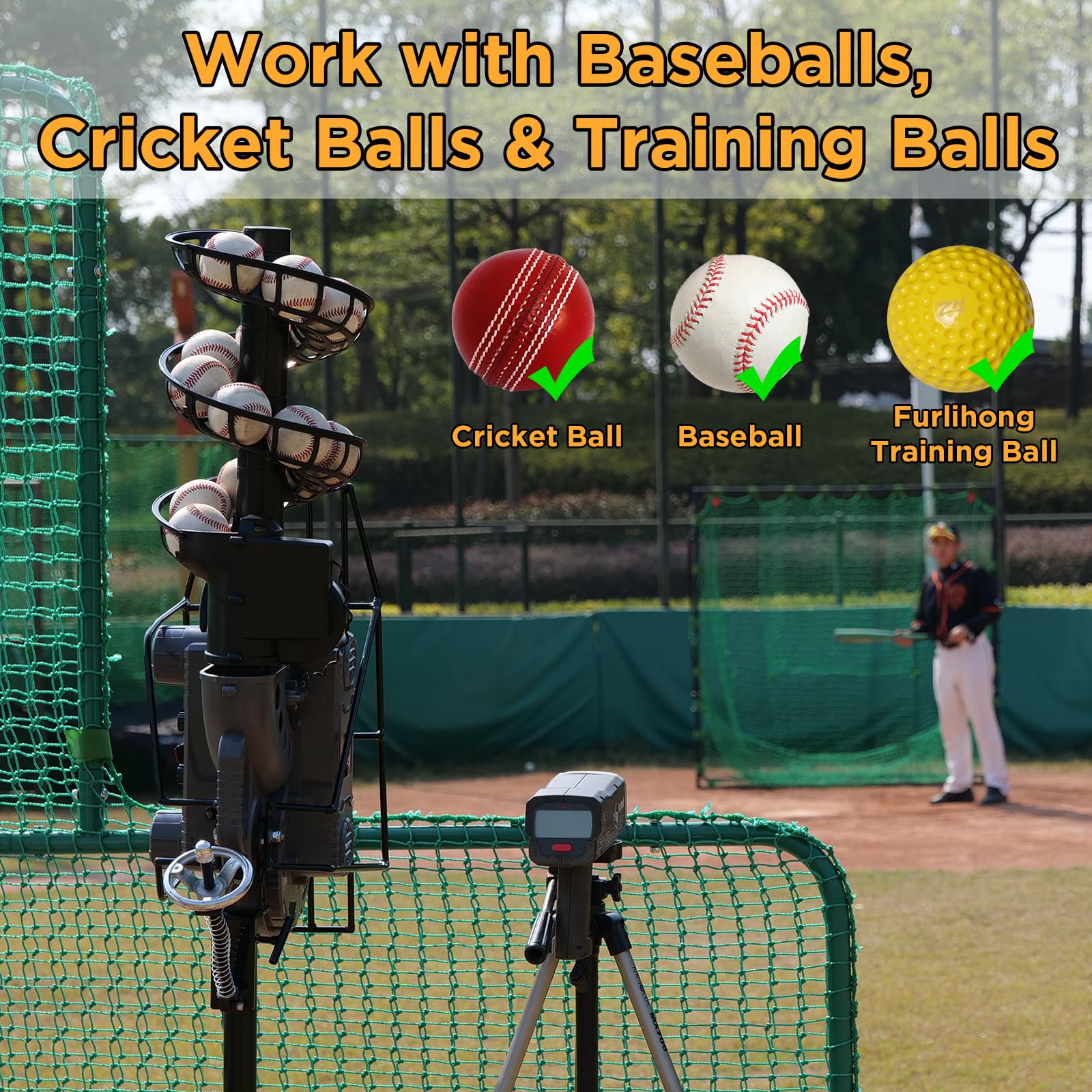 Furlihong 636BHA - Macchina da lancio da baseball e cricket, velocità regolabile, angolo e intervallo, 64-110 km/h, per palle da baseball e cricket