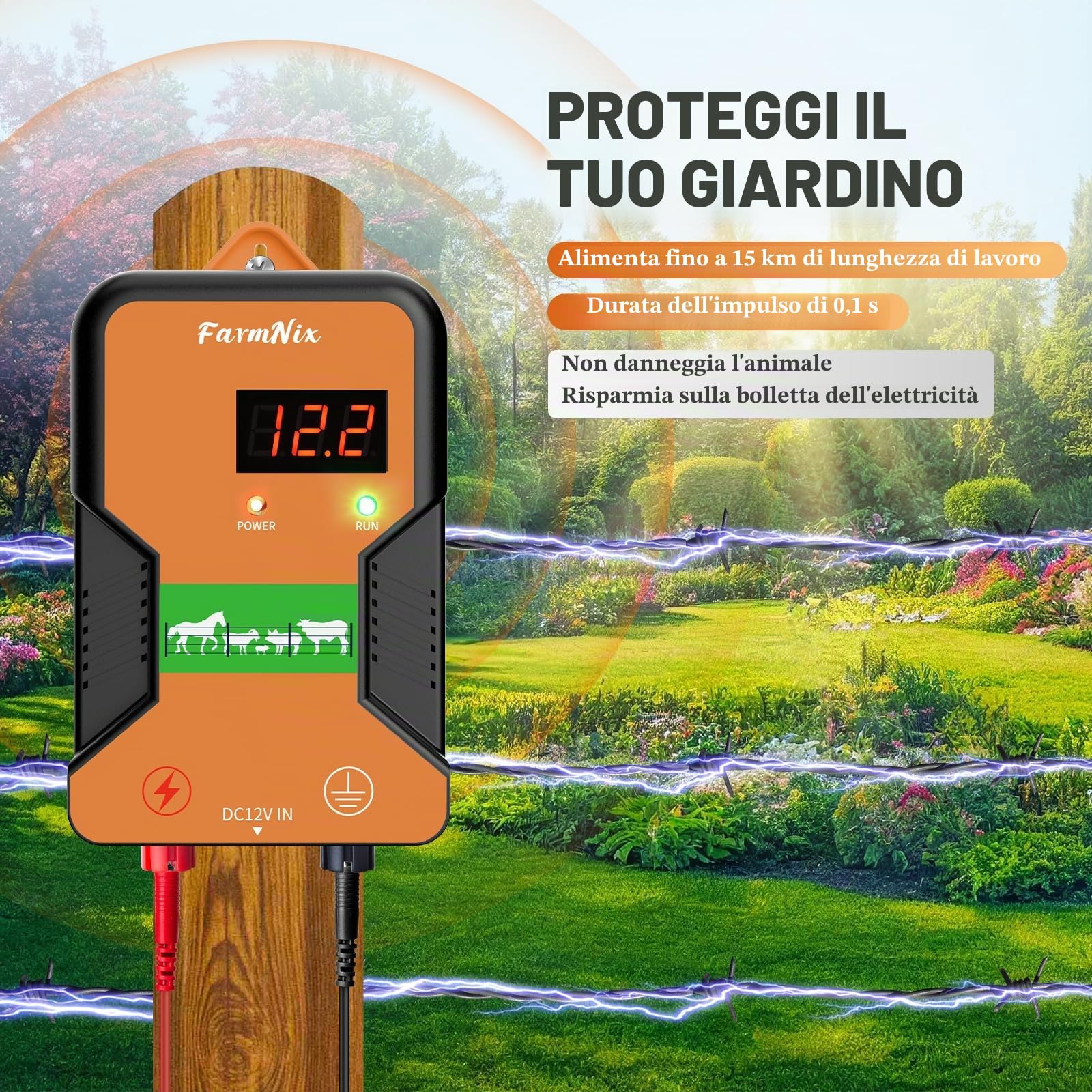 15KM Recinzione elettrica per animali,2J Recinto Elettrico con LED Display per Galline Pecore maiali Volpi Mucche,Elettrificatore per azienda agricola pascolo giardino (Arancione)