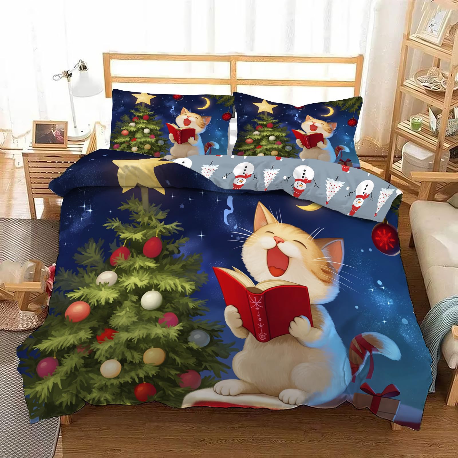 Parure de lit Noël 140x200 cm avec housse de couette chien et taie