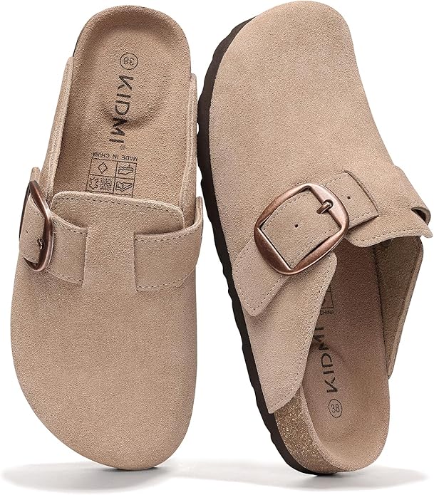 KIDMI Genuine Suede Clogs for Women Memory Foam Cork Footbed Potato Shoes Slip On Leather Mules with Big Buckle