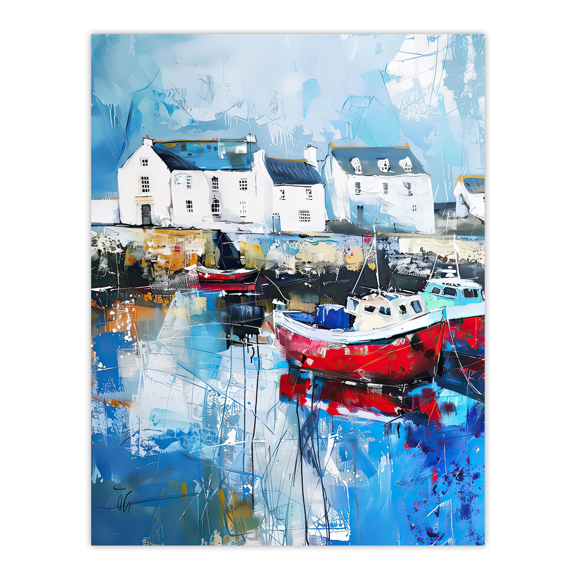 Artery8 Boats Harbour Coastal Townscape Oil Painting Living Room Large Wall Art Poster Print Thick Paper 18X24 Inch