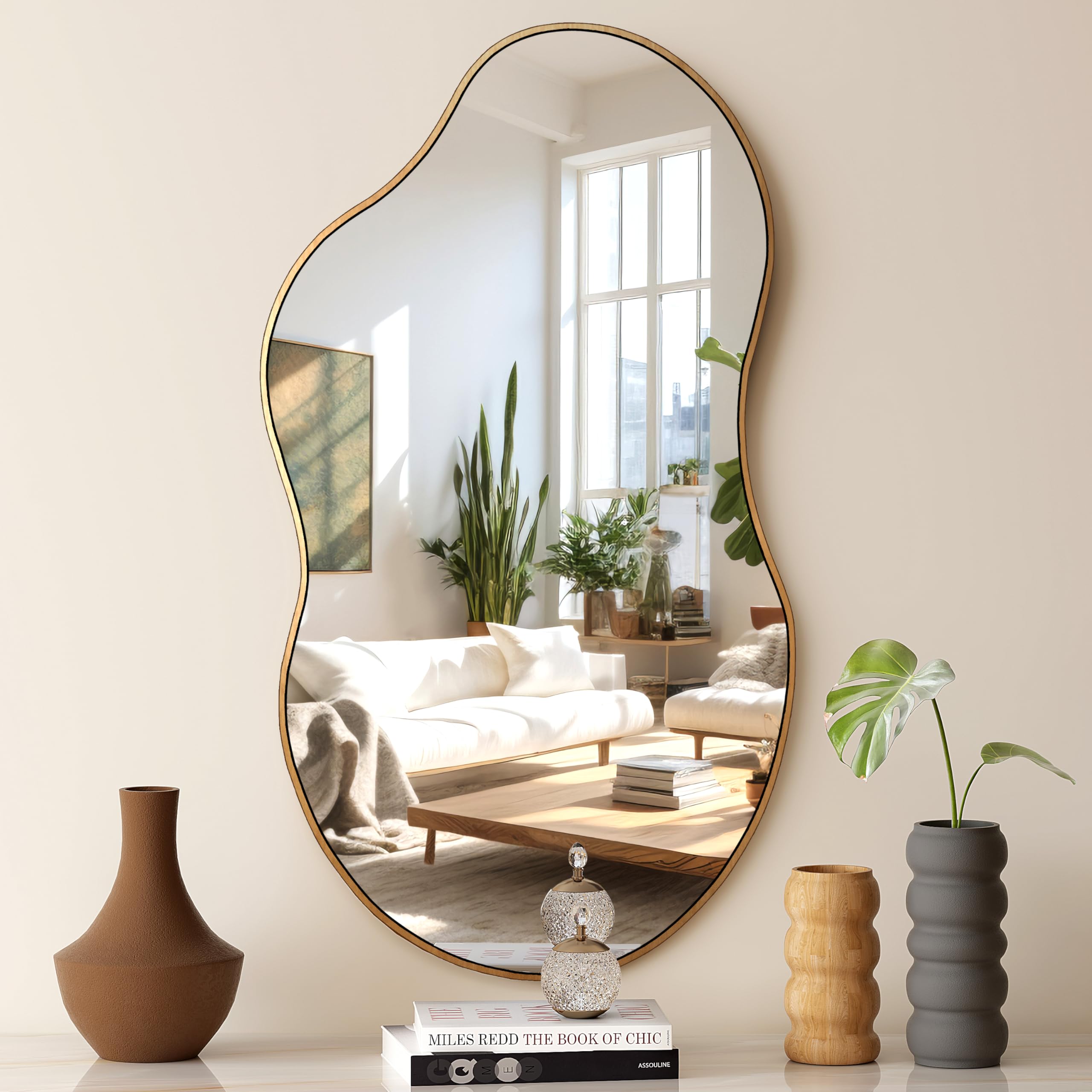 SHYFOY Espejo Grande Asimétrico de Pared Decorativo - Marco de Metal Dorado - 110 x 56 cm para Salón, Pasillo, Entrada, Baño