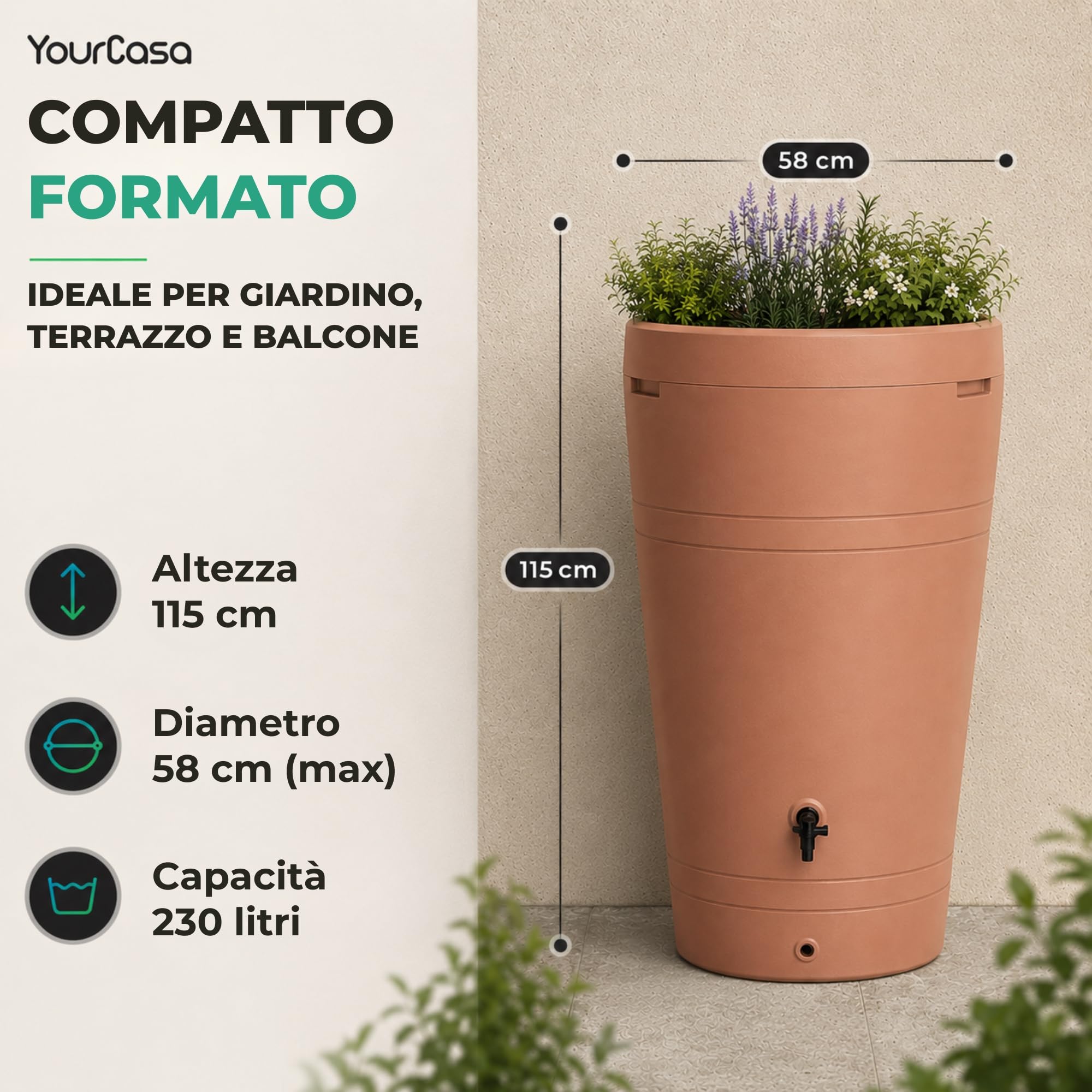 Yourcasa Serbatoio Acqua 230 litri [design Decore] in plastica resistente al gelo – Cisterna acqua con rubinetto e coperchio – Serbatoio acqua piovana giardino - raccolta acqua piovana (terracotta)