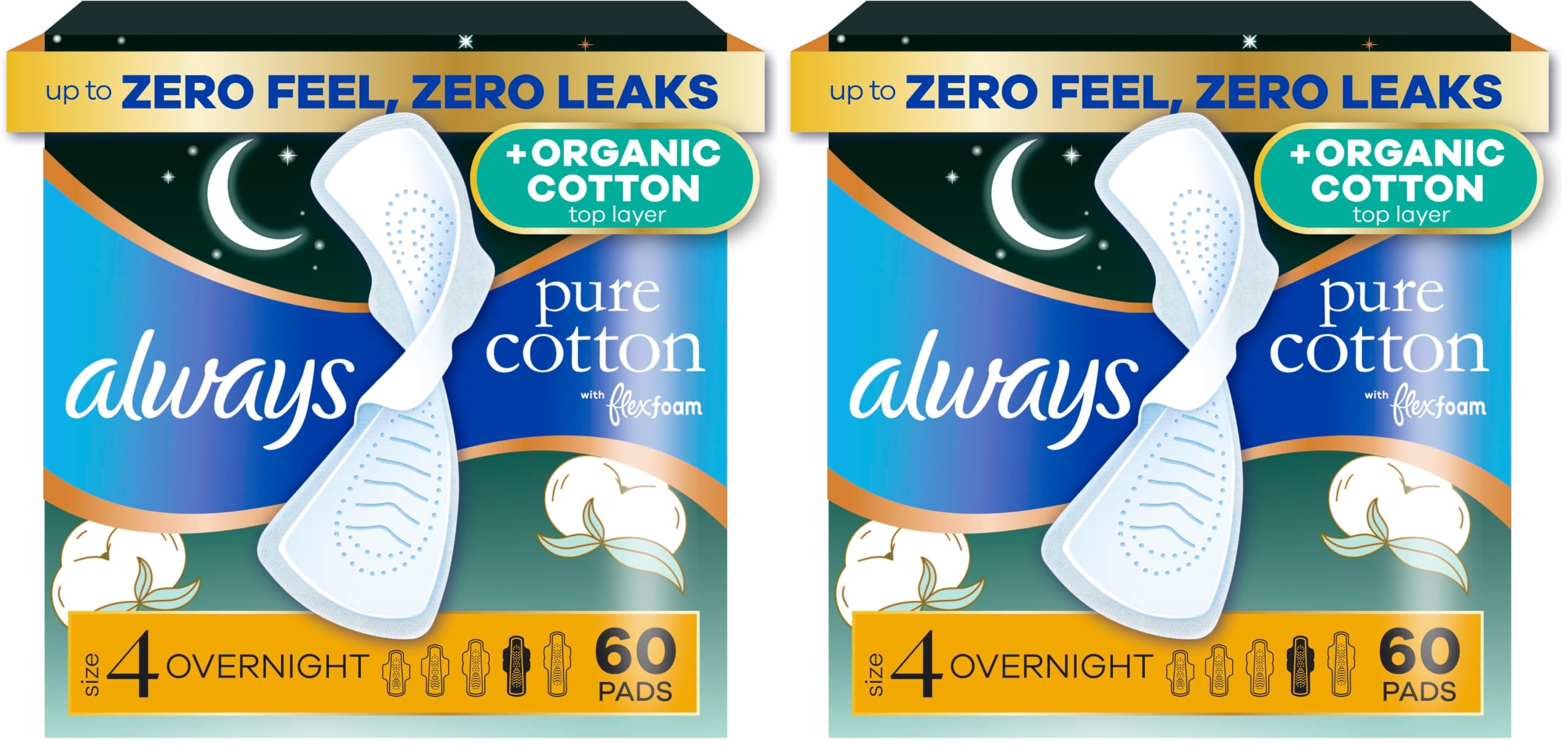 Pure Cotton Feminine Pads for Women by Always – 60 Count (Pack of 2), Cotton, Pack of 2, Model Always Pure Cotton With Flexfoam Pads, Overnight Absorbency