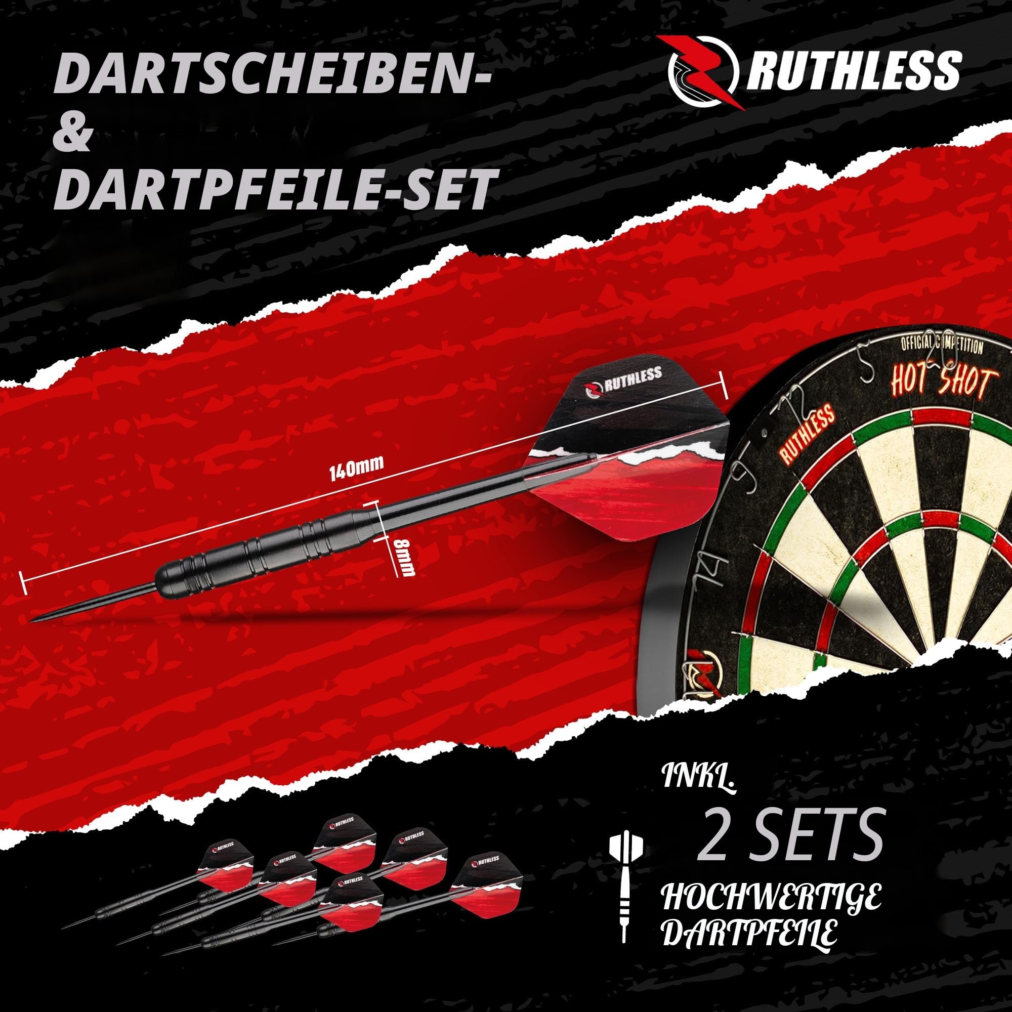 Ruthless Home Darts Center | LED-Lichtoptionen | Home Dart Board Center inkl. Schrank, Dartscheibe und 2 Sets Dartpfeile (USB)