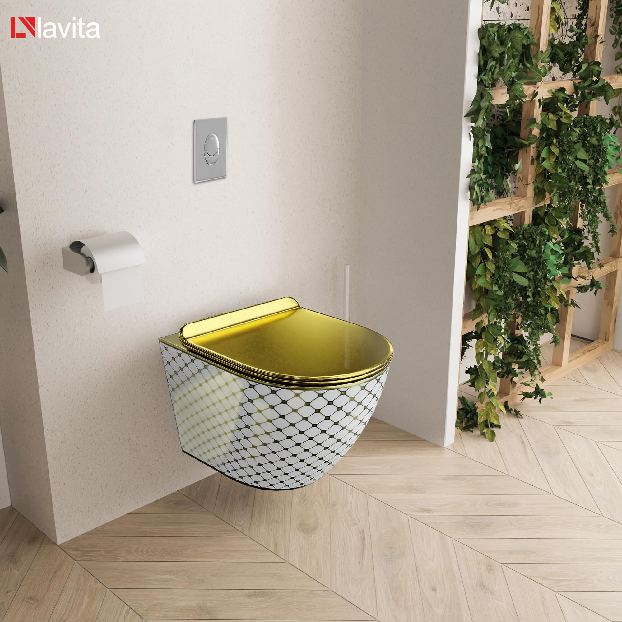 Lavita Vorwandelement Solido Start + Wand Hänge WC Sofi Slim Checked Gold Spülrandlos + WC Sitz mit Absenkautomatik Verchromter Knopf Komplettset Unterputz Spülkasten Toilette Komplett Sett WC