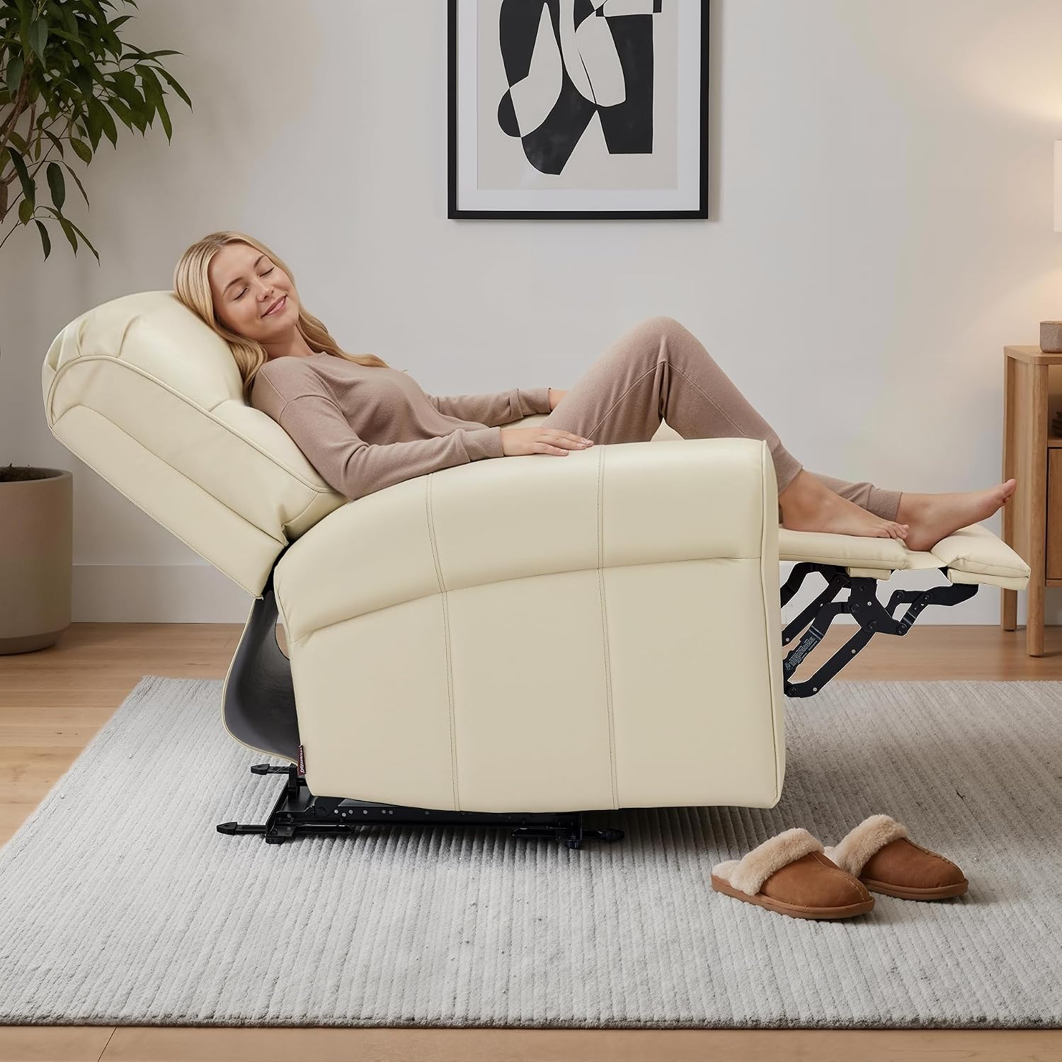 MCombo Power Wall Hugger Recliner Chair for Small Space RV Living Room, USB & USB-C Charging Ports, Modern Rolled Arm Recliner, Faux Leather PR630 (Beige, Medium)