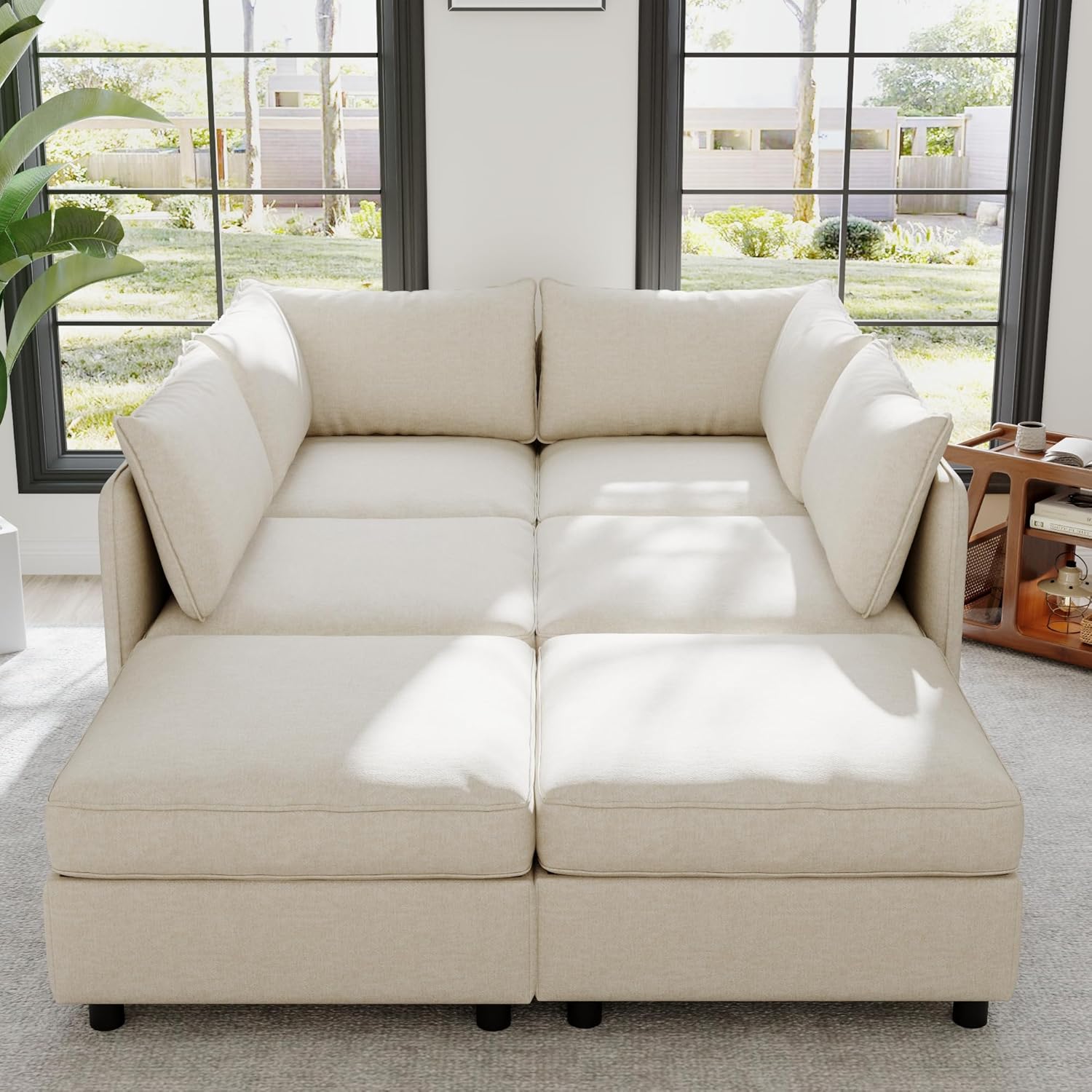 129-Inch U-Shaped 6 Seat Modular Sofa Deep Seat Storage Sectional Sofa Couch Free Combination with Movable Ottomans ,6 Seat Chenille Upholstered U-Shaped Convertible Sleeper Couch for Home Apartment | Space Saving