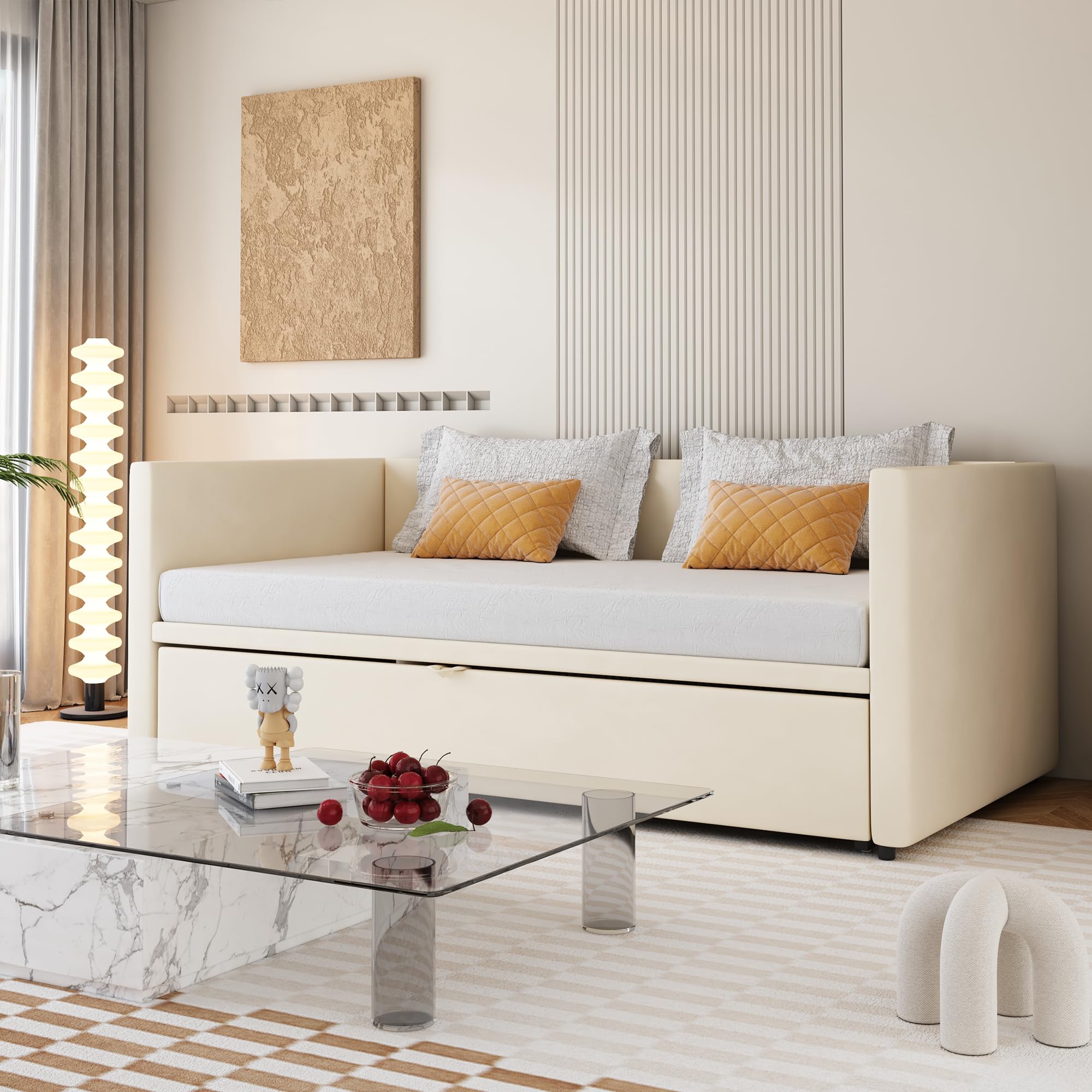 KeepGoon Divano Letto Estensibile 90/180x200 cm, Letto Singolo con Letto Estraibile, Struttura Salvaspazio con Rete a Doghe, Tessuto in Velluto Beige, Senza Materasso