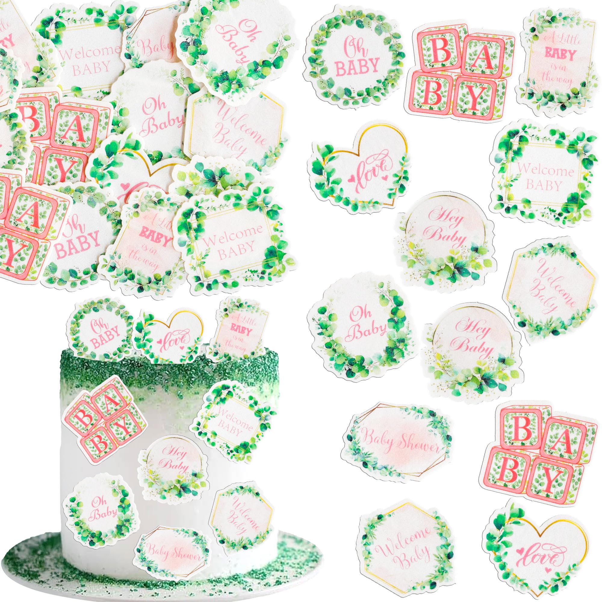 Ephlyn 54Pcs Edible Baby Shower Cupcake Toppers Wafer Paper Floral Leaves Baby Girl Cupcake Picks Love Baby in Bloom Cake Decorations for Girls Birthday Party Supplies Green Pink