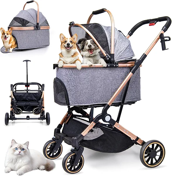 LENSEMUS Dog Stroller for Dogs - 3 in 1 Pet Stroller with Detachable Storage Basket 4 All-Terrain Rubber Wheels Pull Rod Durable Travel Carrier for Max 33 lbs Medium Dogs 2 Small Cats (Grey)