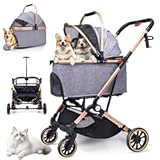 Dog Stroller for Dogs - 3 in 1 Pet Stroller with Detachable Storage Basket 4 All-Terrain Rubber Wheels Pull Rod Durable Travel Carrier for Max 33 lbs Medium Dogs 2 Small Cats (Grey)