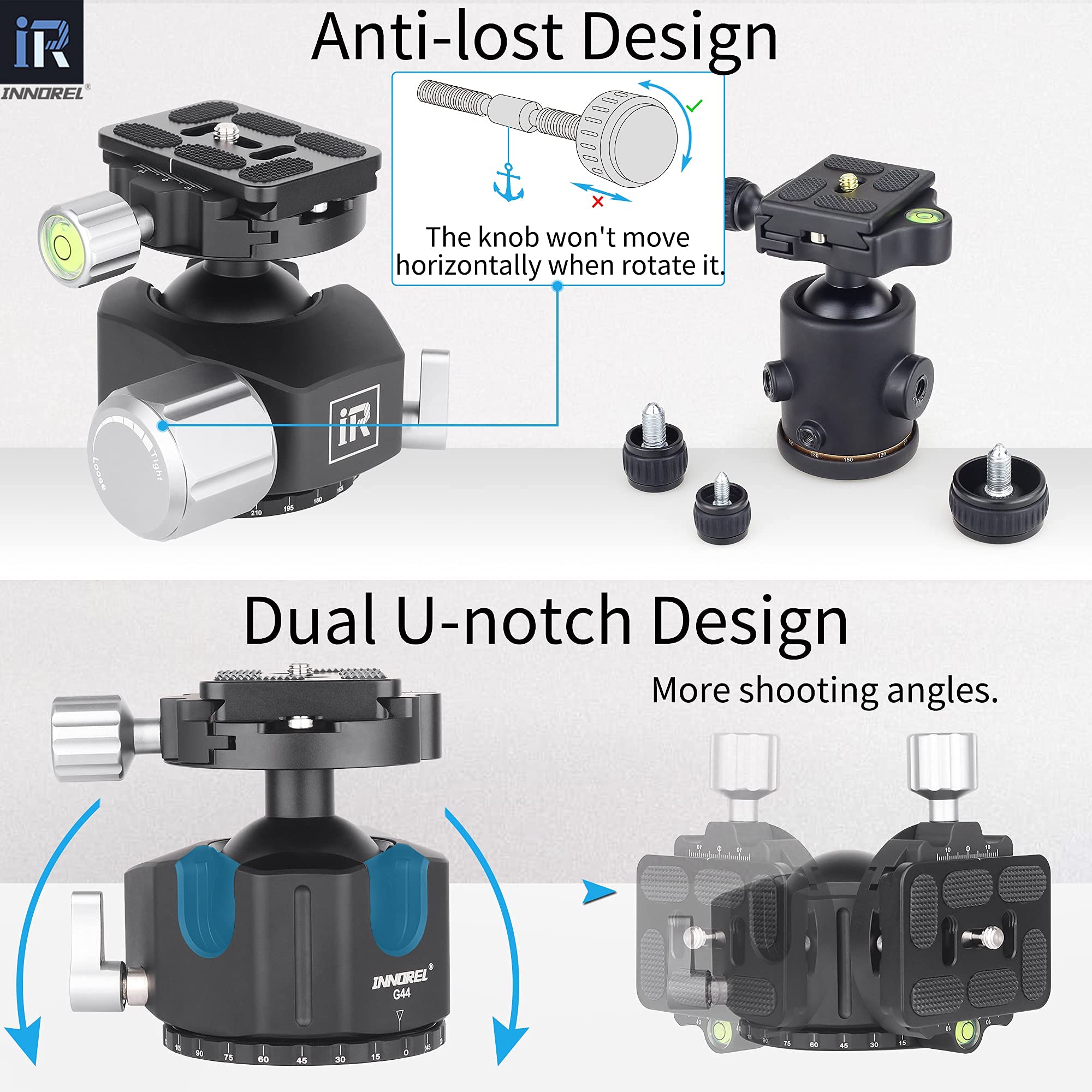 Cabezal de Bola de trípode de Perfil bajo-INNOREL G44 Rótula panorámica de trípode de cámara de Metal CNC con Placa de liberación rápida Arca Swiss de 1/4" para trípodes, monopié, DSLR, videocámara