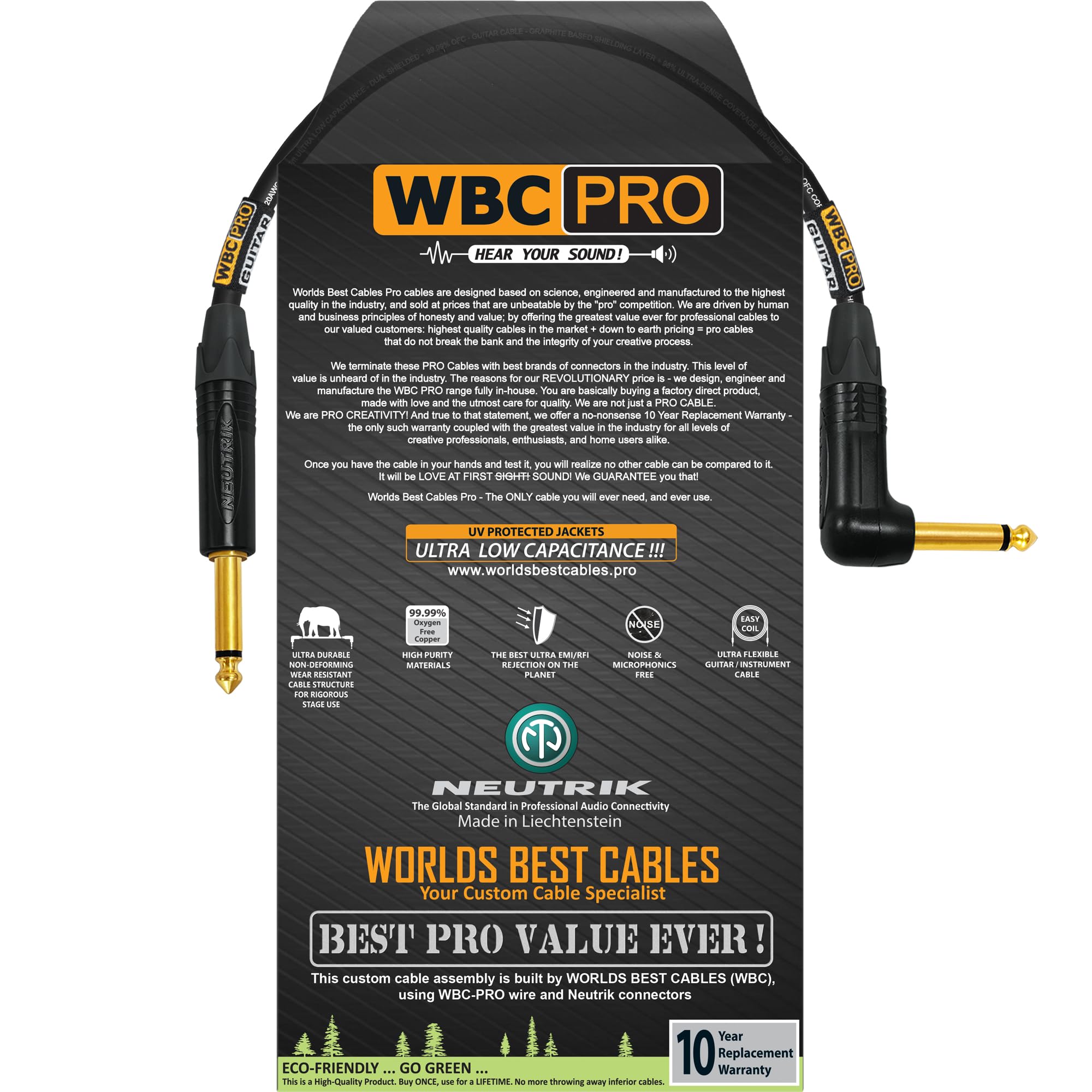 WBC-PRO-Guitarra de 1.5 pies, 20 AWG, tapa baja (18 pF/pie), grado profesional, a base de grafito, cable de guitarra de doble blindaje, bajo, instrumento con conectores Neutrik recto a ángulo de ¼