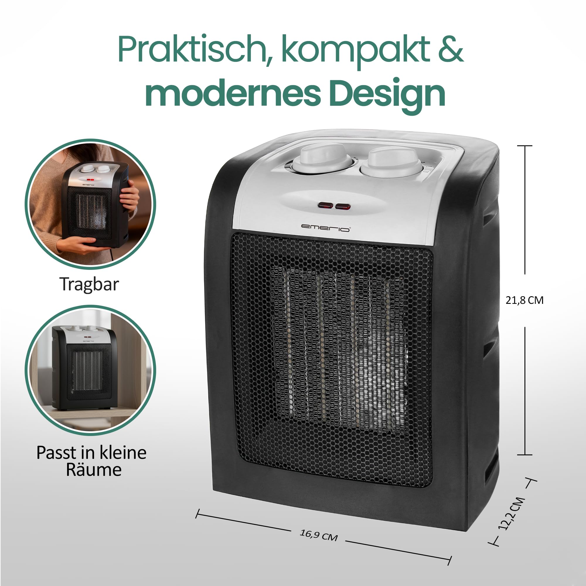 Emerio FH-106145 - Termoventilatore in ceramica, 1800 W, due livelli di potenza, funzionamento a risparmio energetico grazie all'elemento riscaldante PTC (ceramica), termostato, con interruttore di