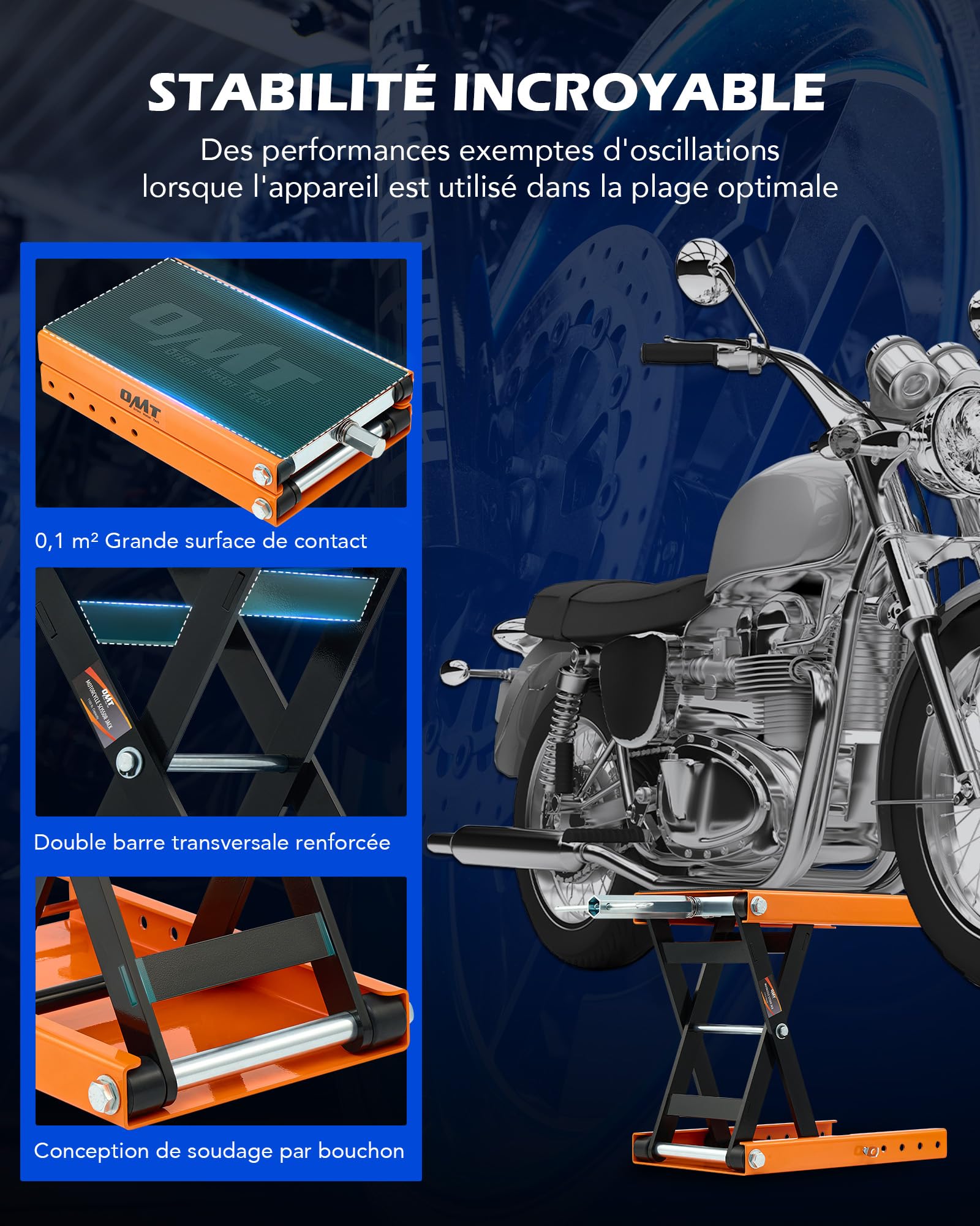 Orion Motor Tech Cric à Ciseaux pour Motos Capacité 500kg Hauteur de Levage 9,5-37 cm Support de Plateforme Élévatrice Caoutchouc Antidérapant, Entretien pour Motos VTT Scooter Touring Cruiser, Orange