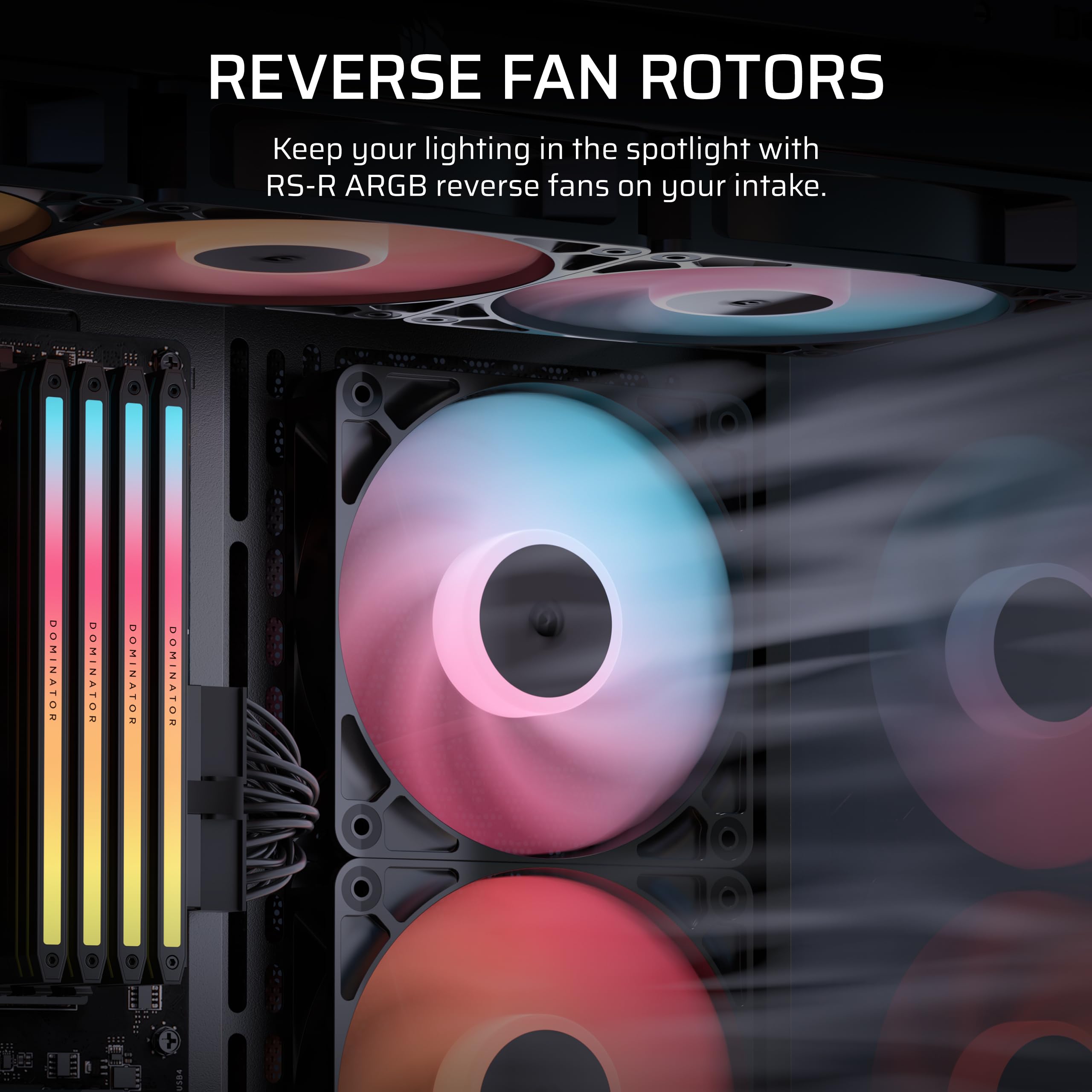 CORSAIR RS120-R ARGB 120 mm PWM Wentylatorów o Odwróconym Przepływie – Odwrócone Łopatki Wentylatora, 8 Diod LED RGB — Wysokie Ciśnienie Statyczne, Tryb Zero RPM – Zestaw Potrójny – Czarny
