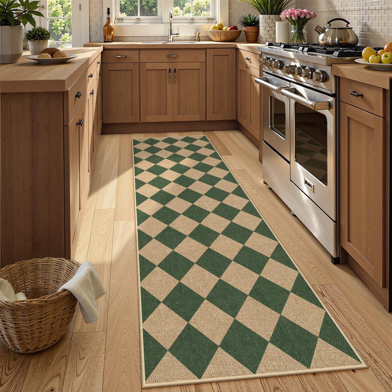 Lahome Checkered Kitchen Runner, 2x8 Easy Jute Runner Rug for Hallway Entryway, Farmhouse Indoor Outdoor Non Slip Non Shedding Green Carpet for