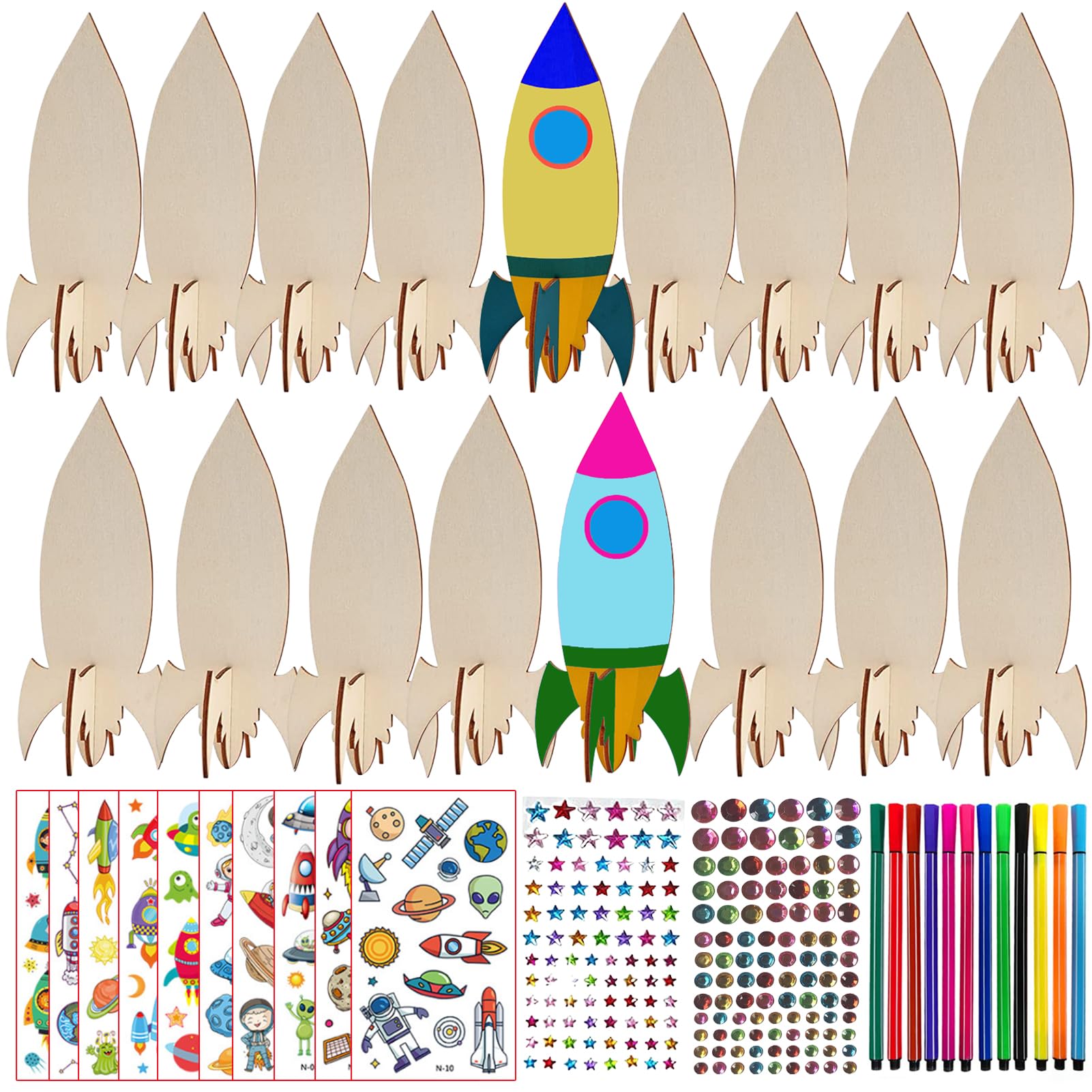 Spetsbst DIY Raketen Bastelset – 12 Holzraketen Zum Bemalen Für Kinder Ab 4