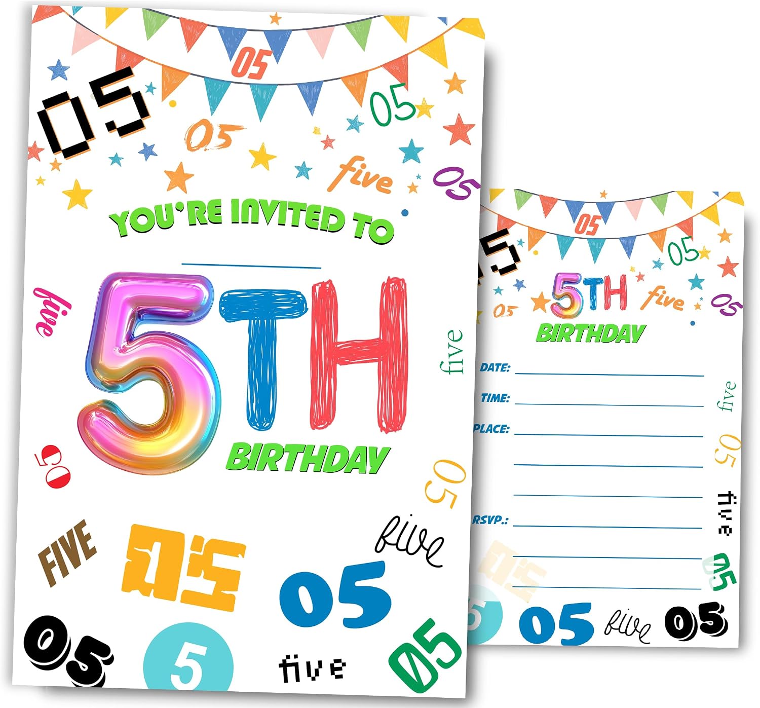 5th Birthday Invitations for Boys, Girls, Number 5 Birthday Party Invitaions for Fifth Party Invites, 4x6 Inches, 30 Sets with Envelopes