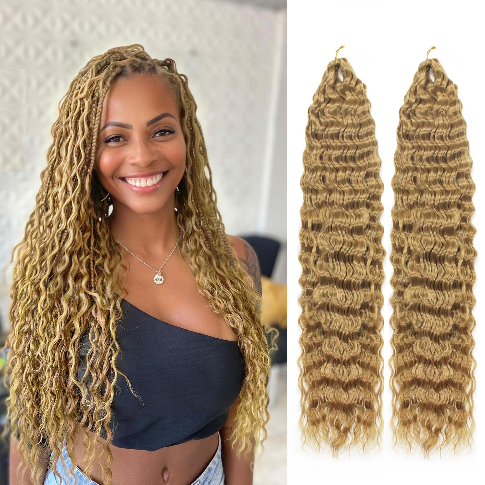 Ocean Wave Crochet Hair 18 Inch 2 Packs Deep Wave Curly Braiding Hair Extensions Synthetic Curly Crochet Hair For Black Women(18inch, 2pack, 27)