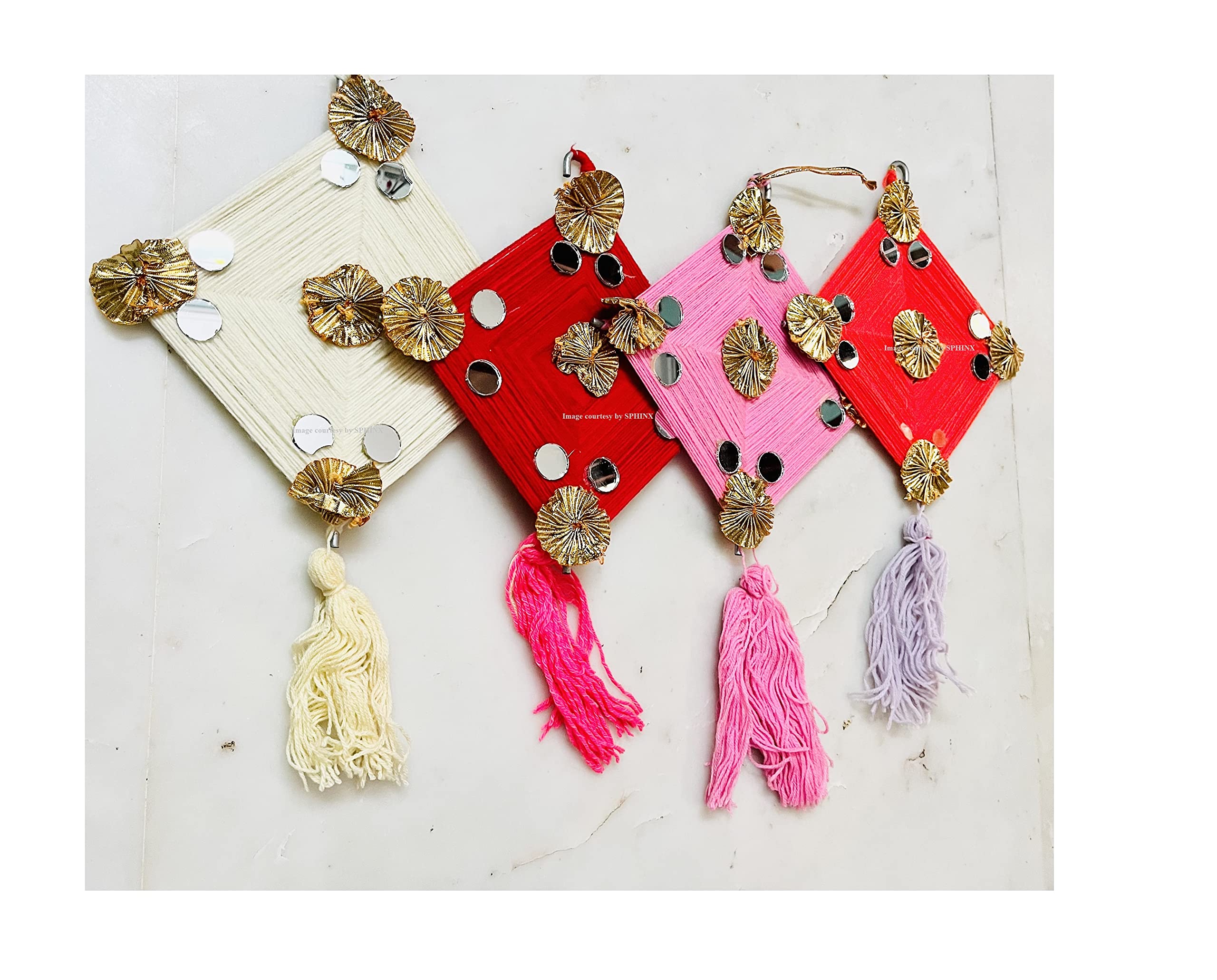 SPHINX Woolen Colorful Decorative Kites, Pom pom Dream catchers, pom pom round wall hangings for backdrops Festive Pooja Wedding Housewarming Diwali Decorations – (Medium Decorative Kites, 2 Pieces)