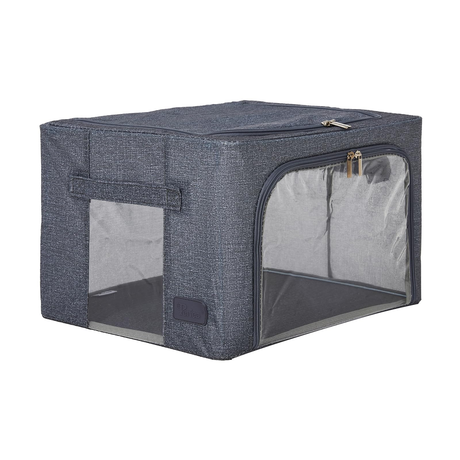 Periea ‘Beau’ Folding Collapsible Stackable Fabric Home Storage Boxes with Steel Frames (Navy Denim Effect, Small) — image 1
