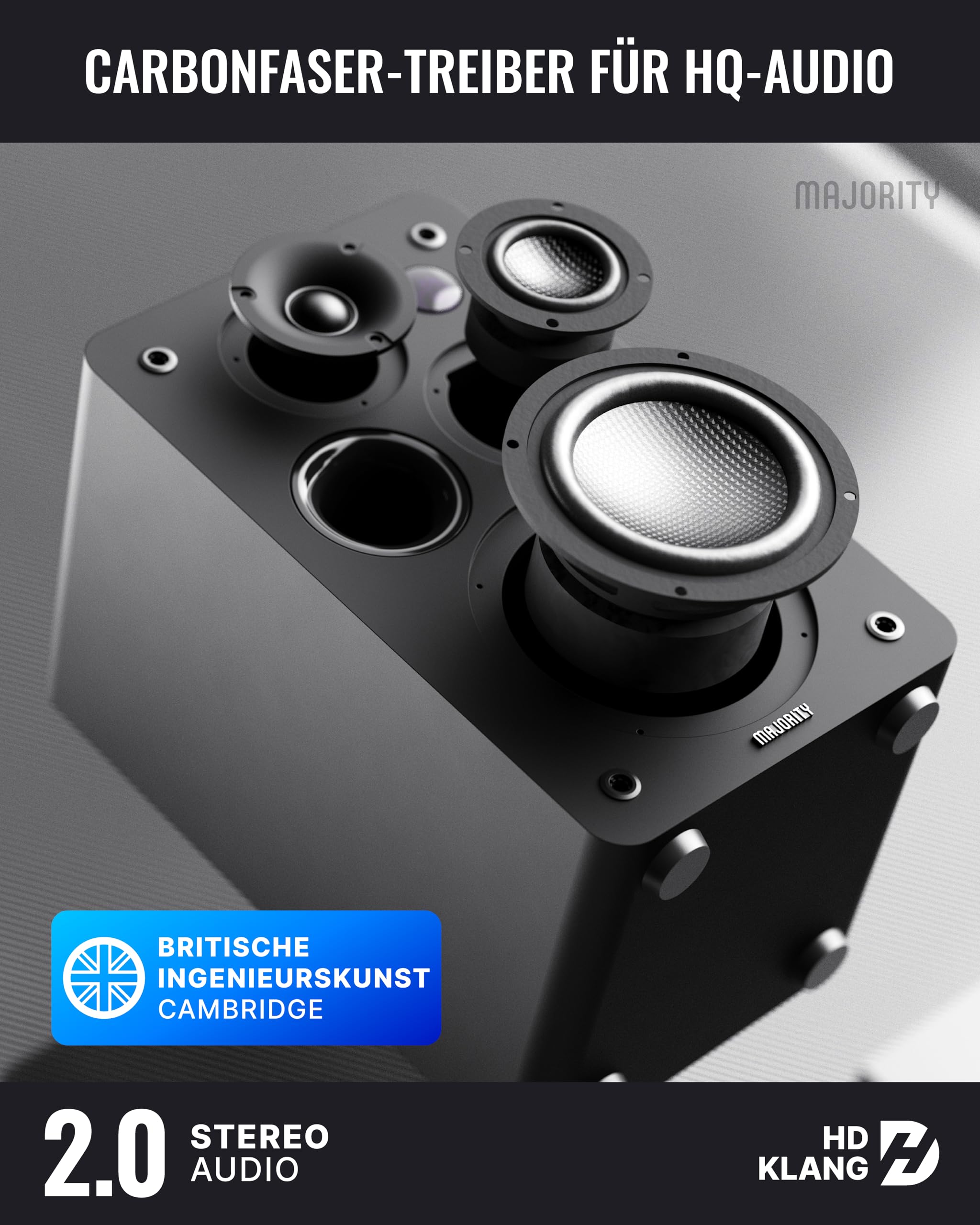 MAJORITY D100X Lautsprecher Boxen Bluetooth 5.3 | 100W Dreifach-Carbonfaser-Treiber PC Lautsprecher | Aktivlautsprecher HDMI ARC | Regallautsprecher mit RCA, Optich, Phono & AUX (Schwarz)