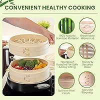 Vista 3 de Cesta para cocinar al vapor de bambú de 25 cm, 2 niveles, con mango, adaptador de anillo, forro de silicona reutilizable, kit para cocinar