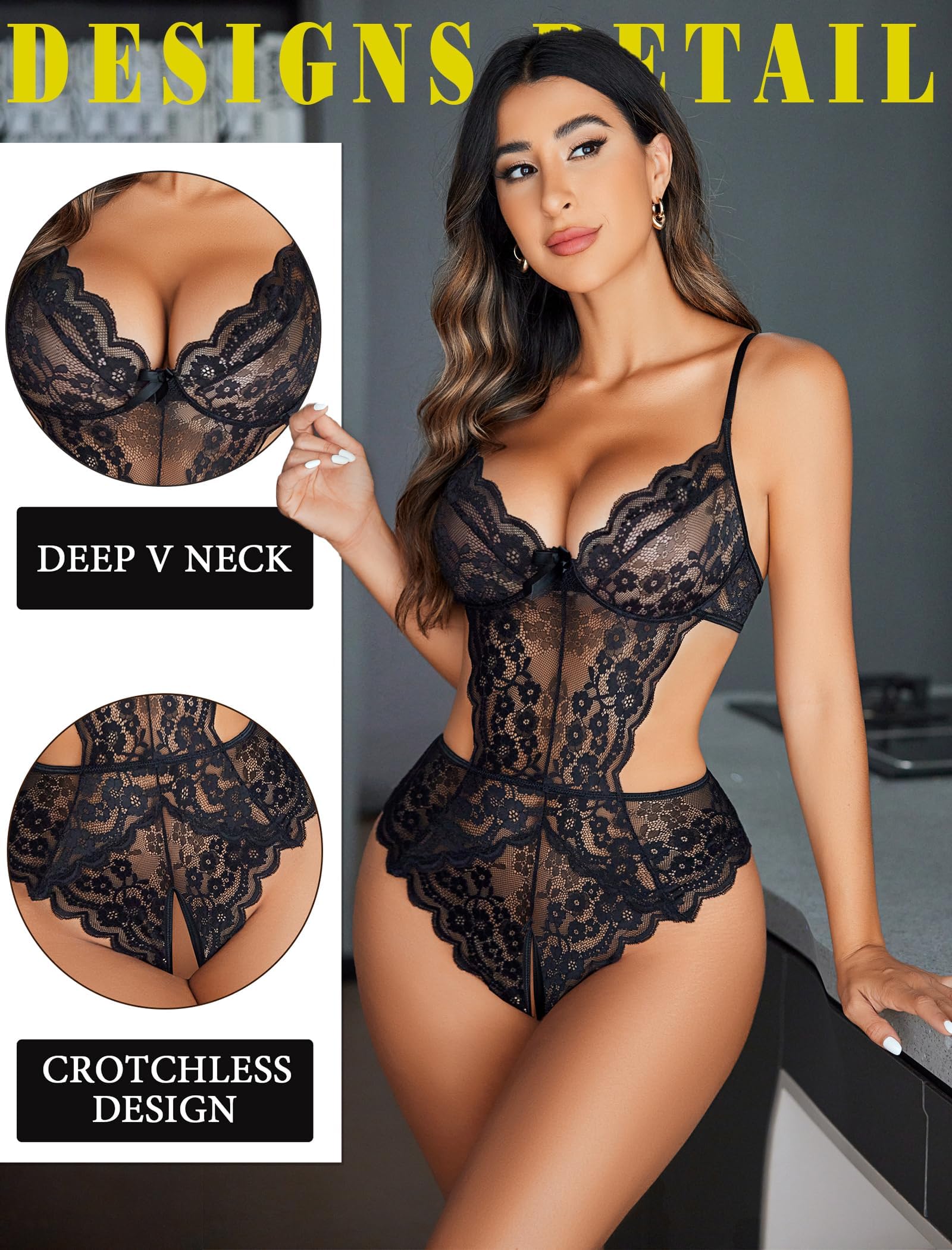 Avidlove Women Lingerie Lace Bodysuit Teddy Lingeries V Neck Cut Out One Piece Mini Babydoll