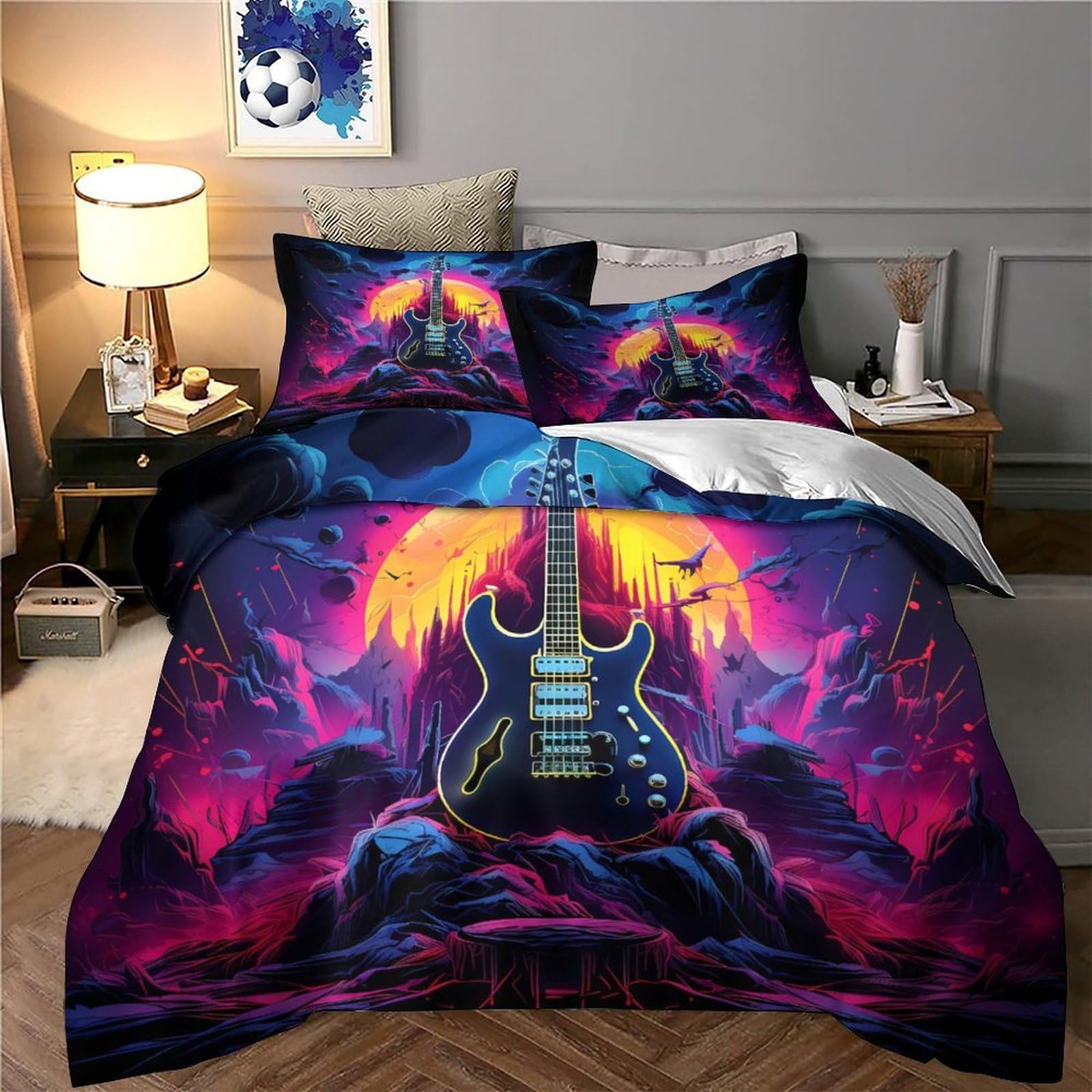 chitarra elettrica Impressione 3D 3 pz fodera per edredone fantasia rock al neon coperteletto microfibra ipoallergenica antiacari per ragazze adolescenti donne Super king（260x220cm）