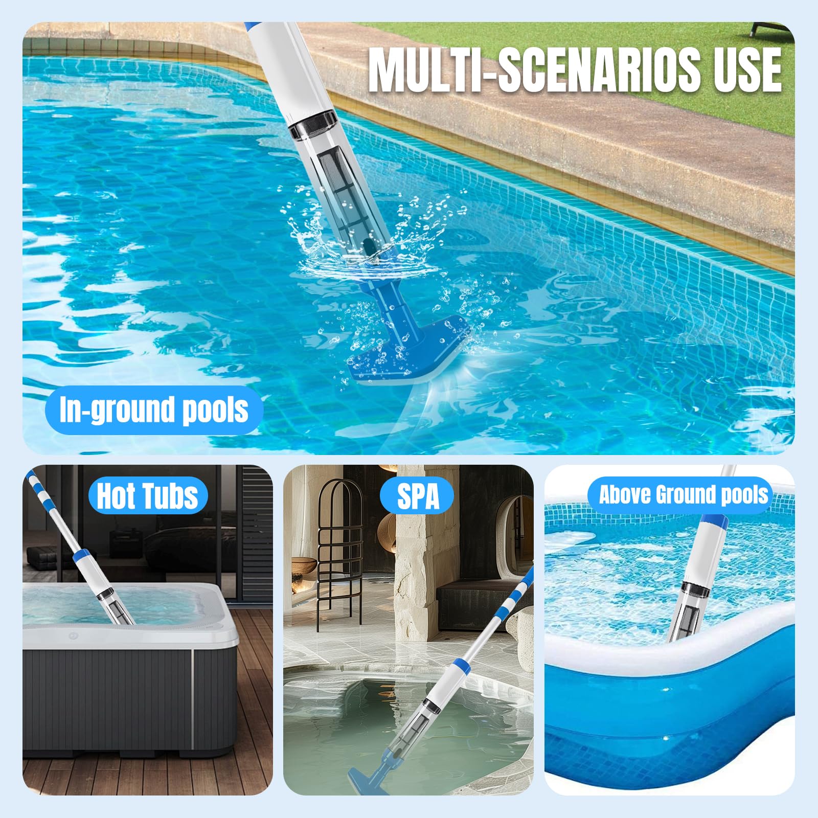Bostar Aspirateur de Piscine sans Fil 3 en 1, 20L/Min, avec Manche Télescopique, Nettoyeur de Piscine Batterie