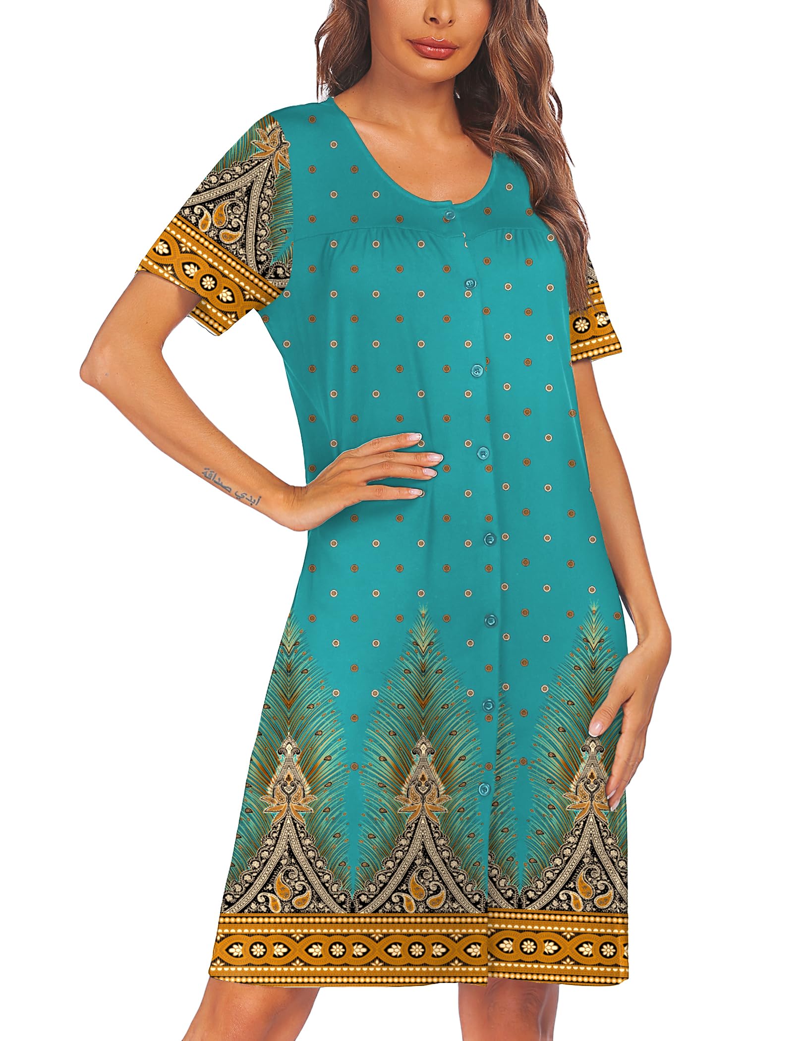 Ekouaer House Dresses for Women Button Down Nightgowns Short Sleeve Pleated Snap Front Mumu Dress Floral Green XXL